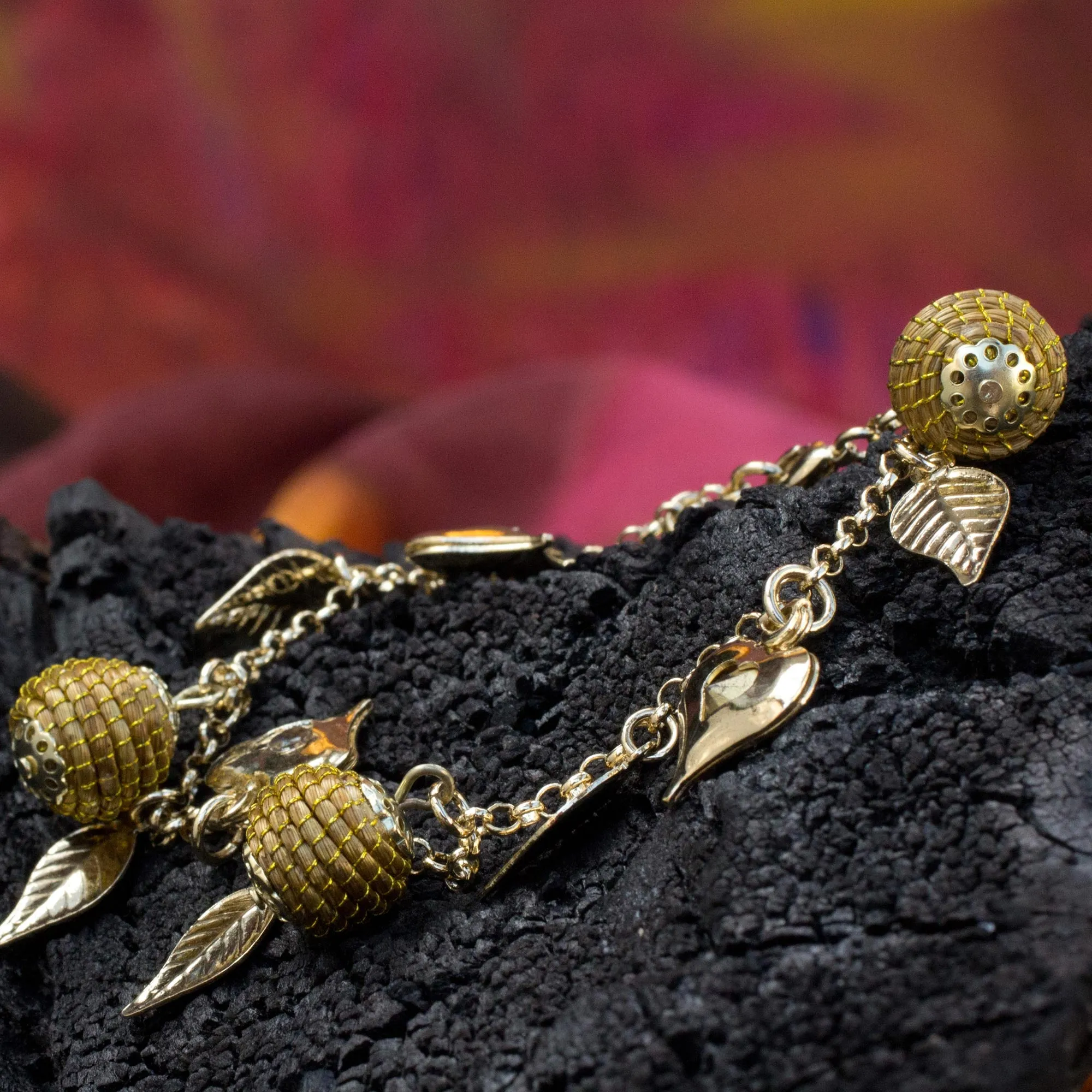 Natural Friend Gold Plated Brazilian Bracelet with Heart Leaf Beehive Charms