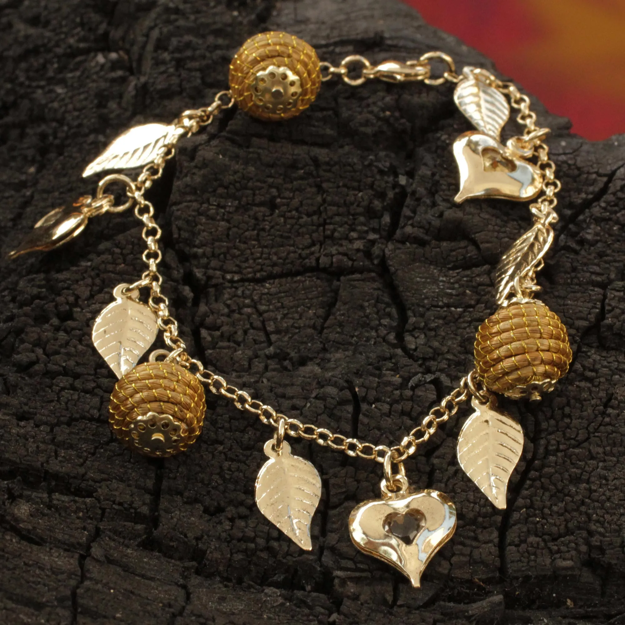 Natural Friend Gold Plated Brazilian Bracelet with Heart Leaf Beehive Charms