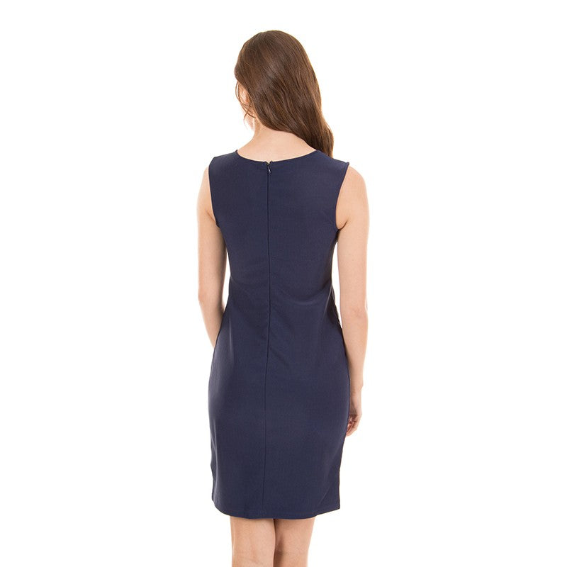 Navy lace sleeveless shift dress.