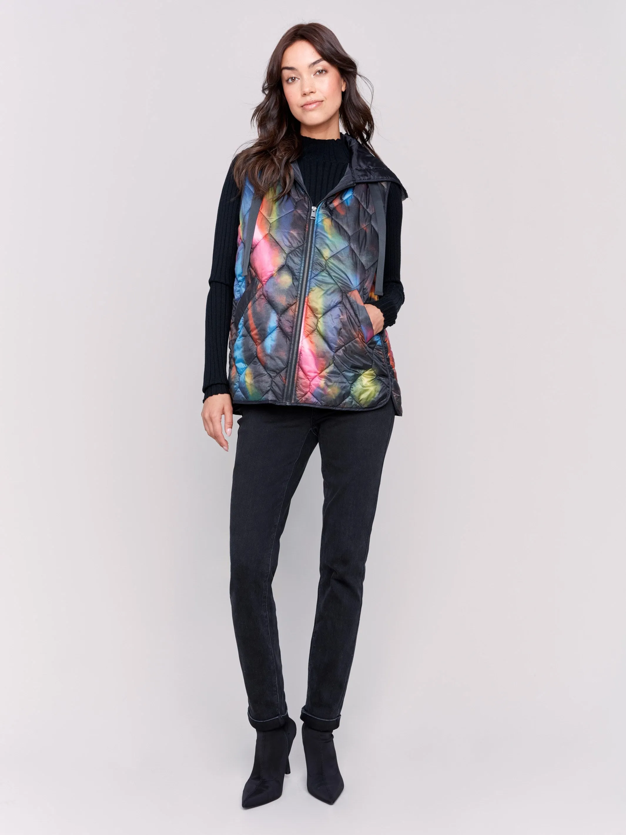 Neon Printed Short Quilted Puffer Vest with Hood