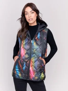 Neon Printed Short Quilted Puffer Vest with Hood