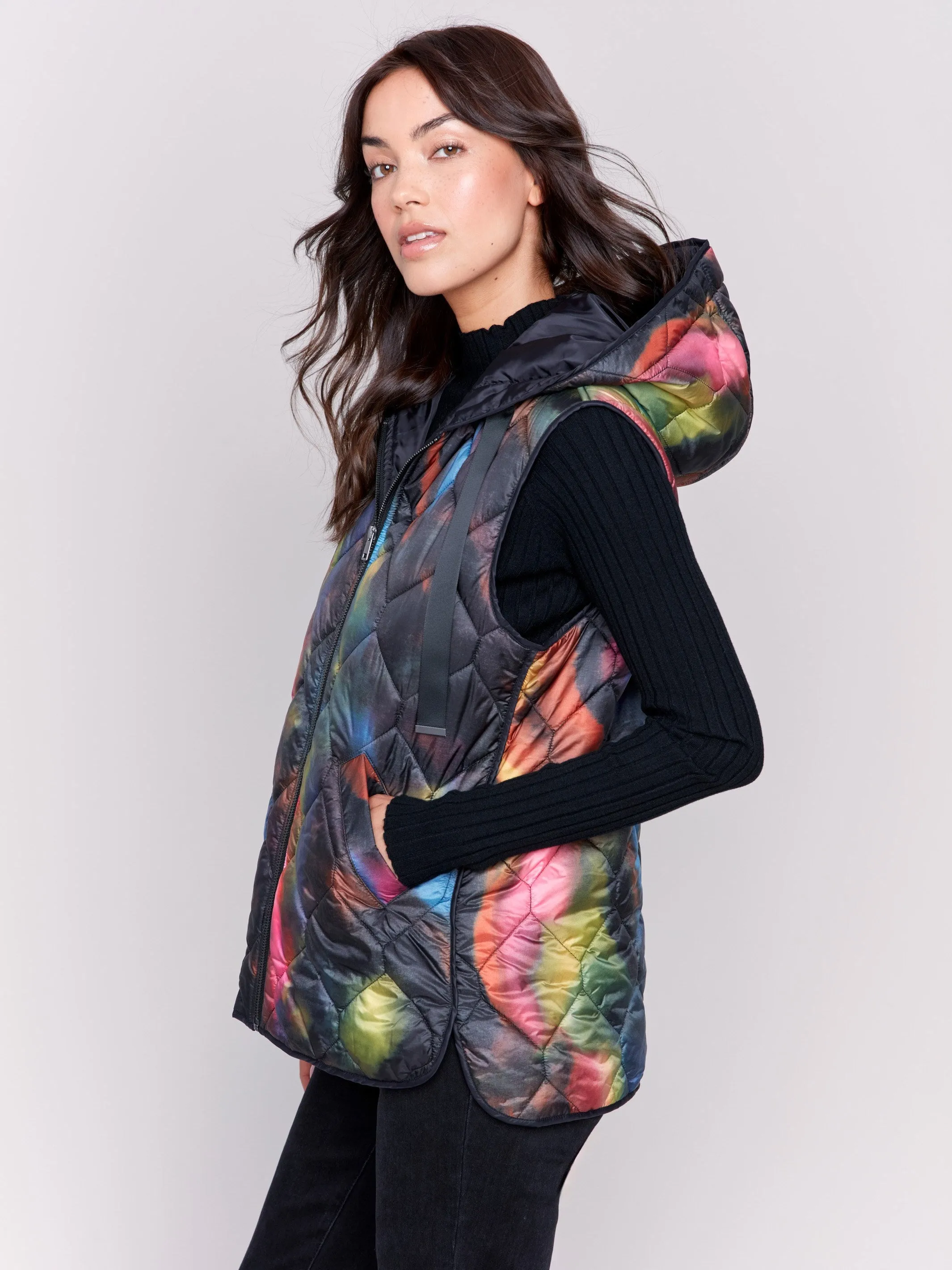 Neon Printed Short Quilted Puffer Vest with Hood