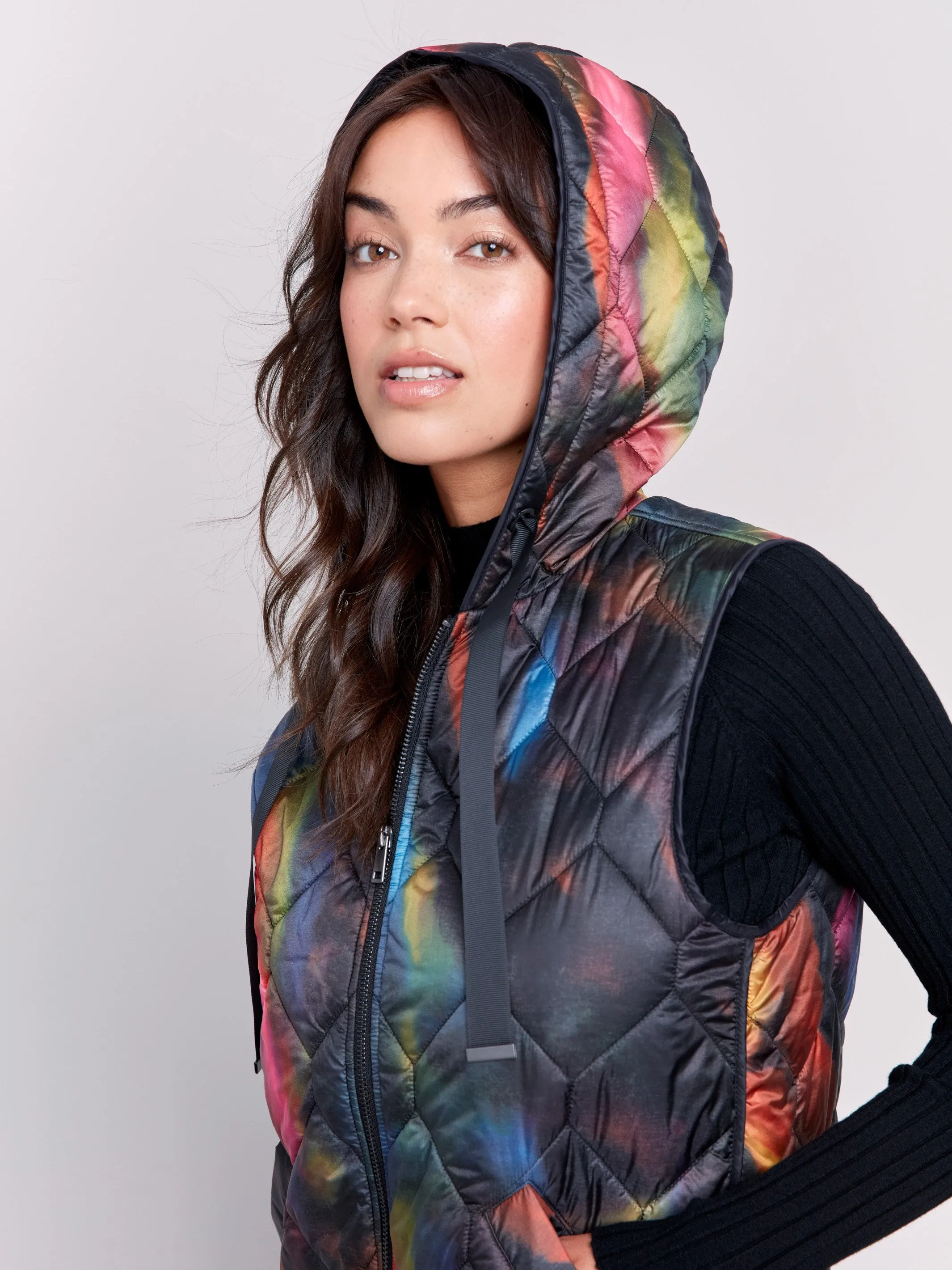 Neon Printed Short Quilted Puffer Vest with Hood