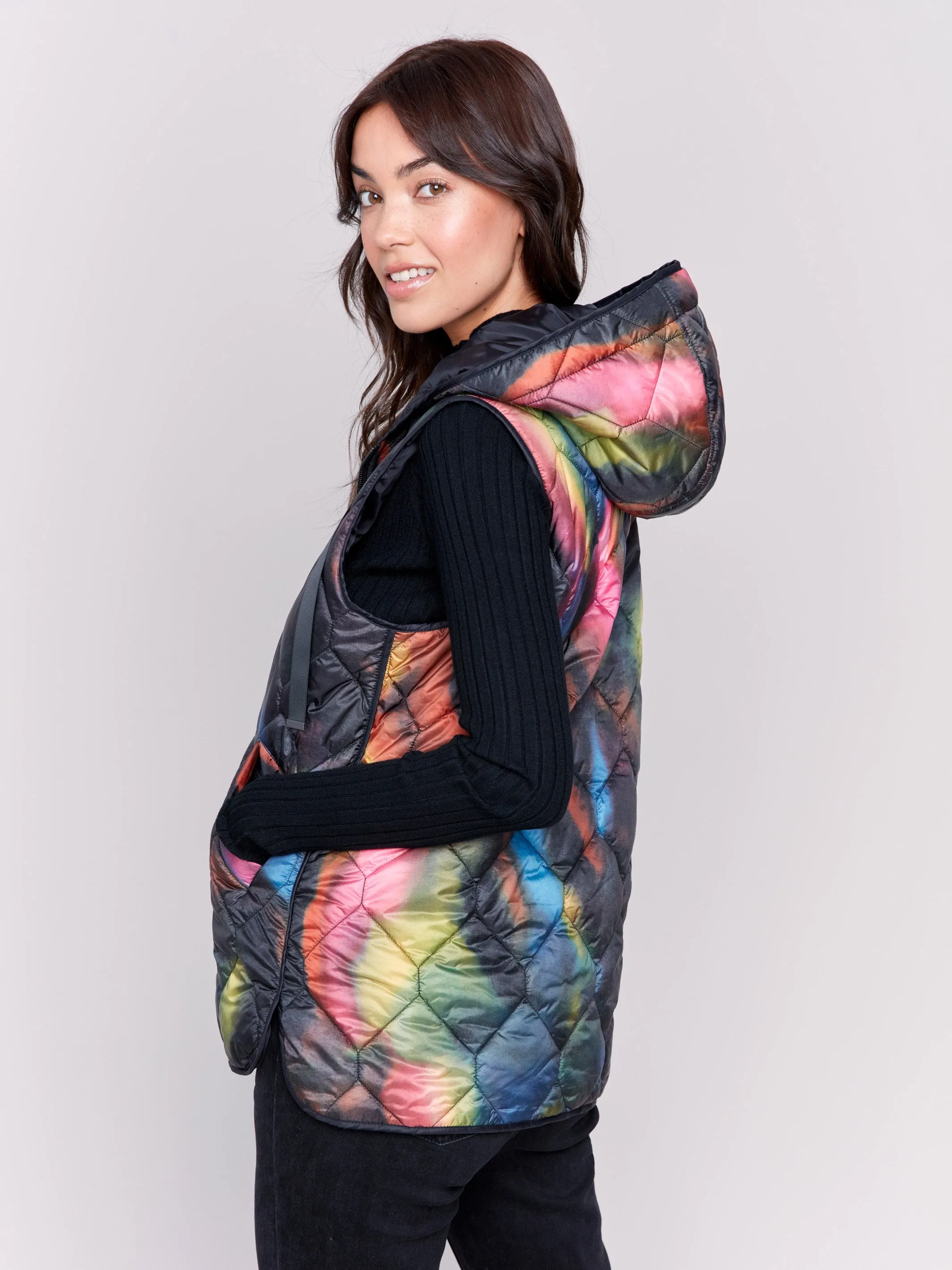 Neon Printed Short Quilted Puffer Vest with Hood