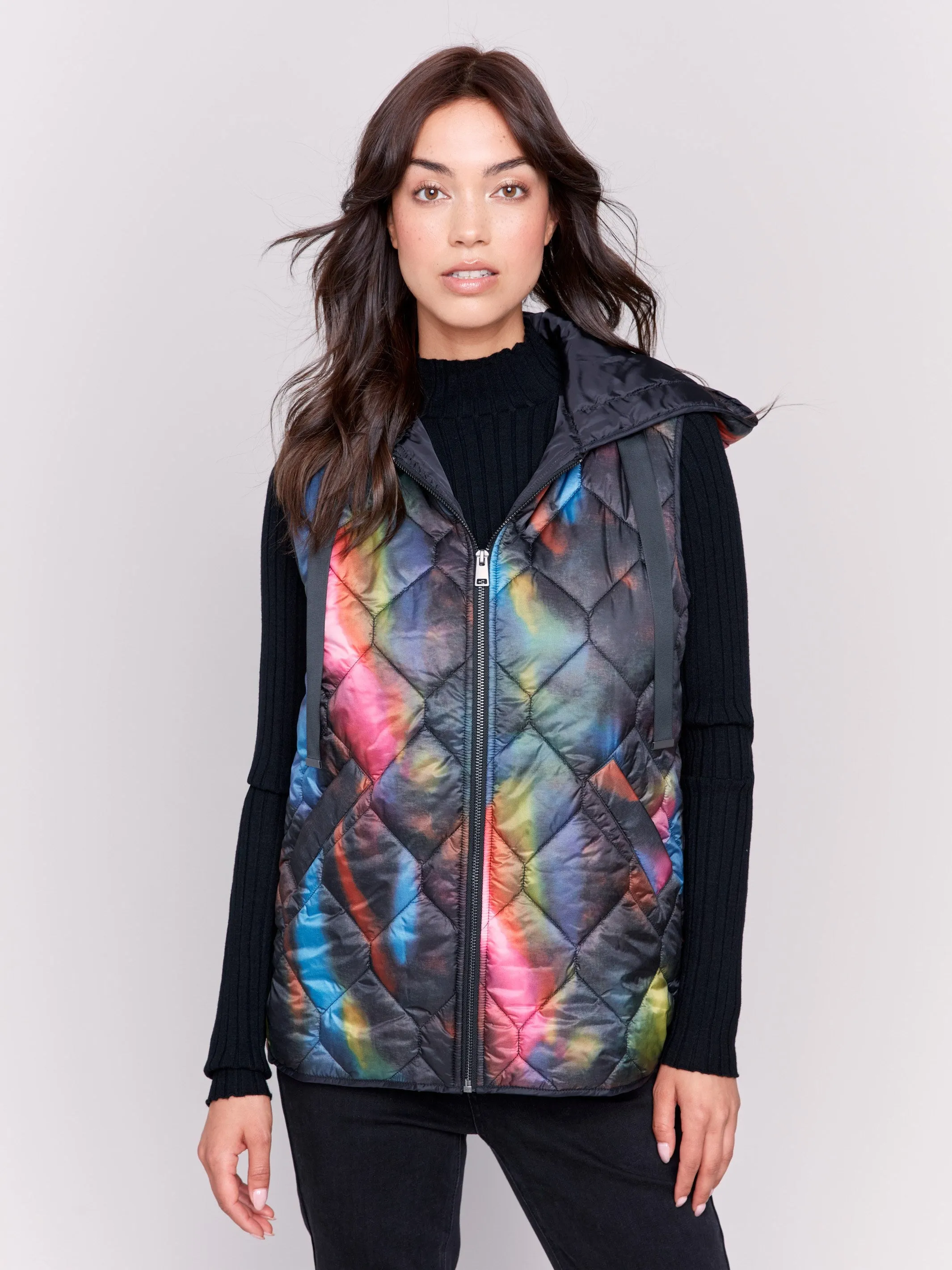 Neon Printed Short Quilted Puffer Vest with Hood