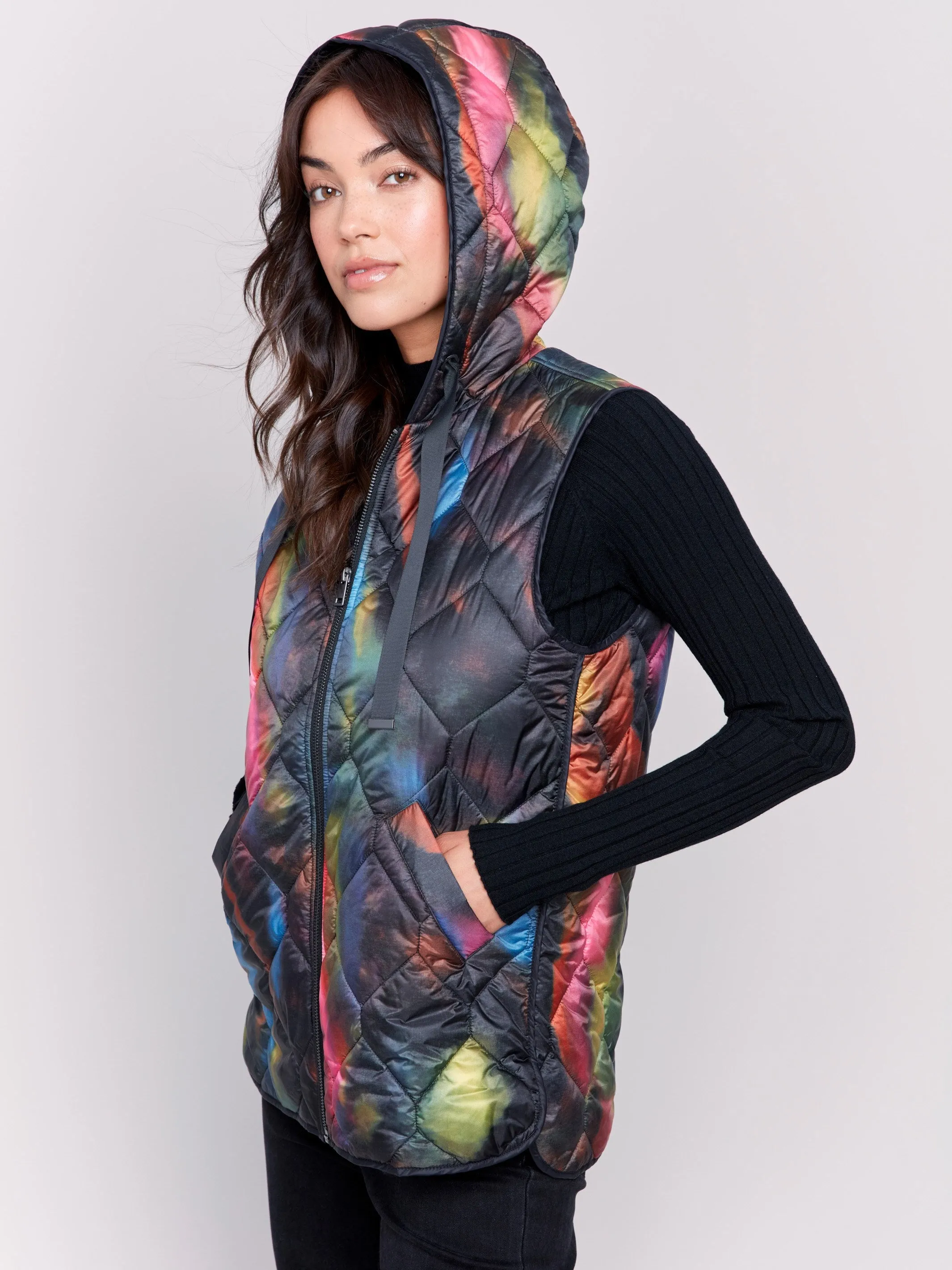 Neon Printed Short Quilted Puffer Vest with Hood