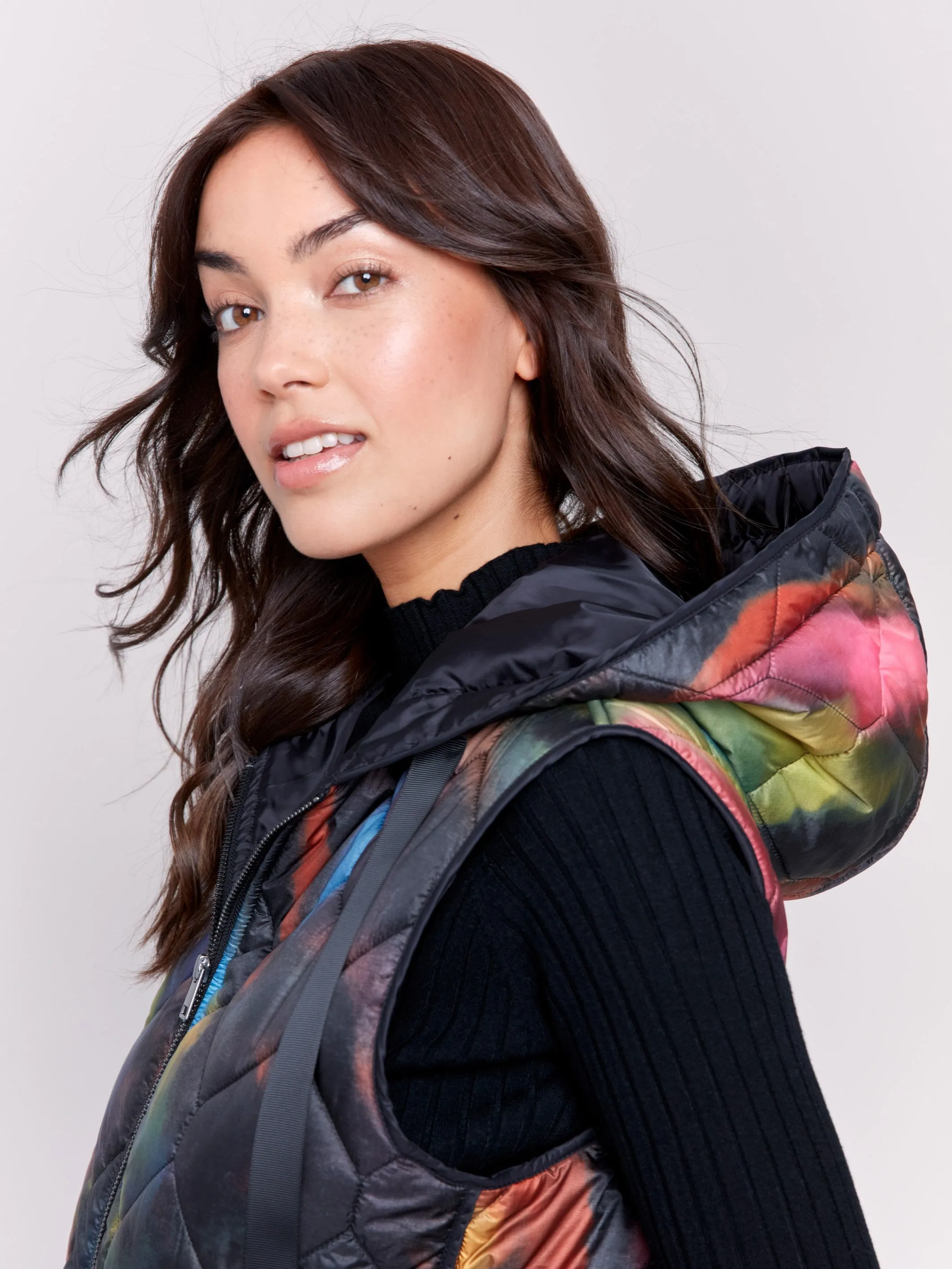 Neon Printed Short Quilted Puffer Vest with Hood