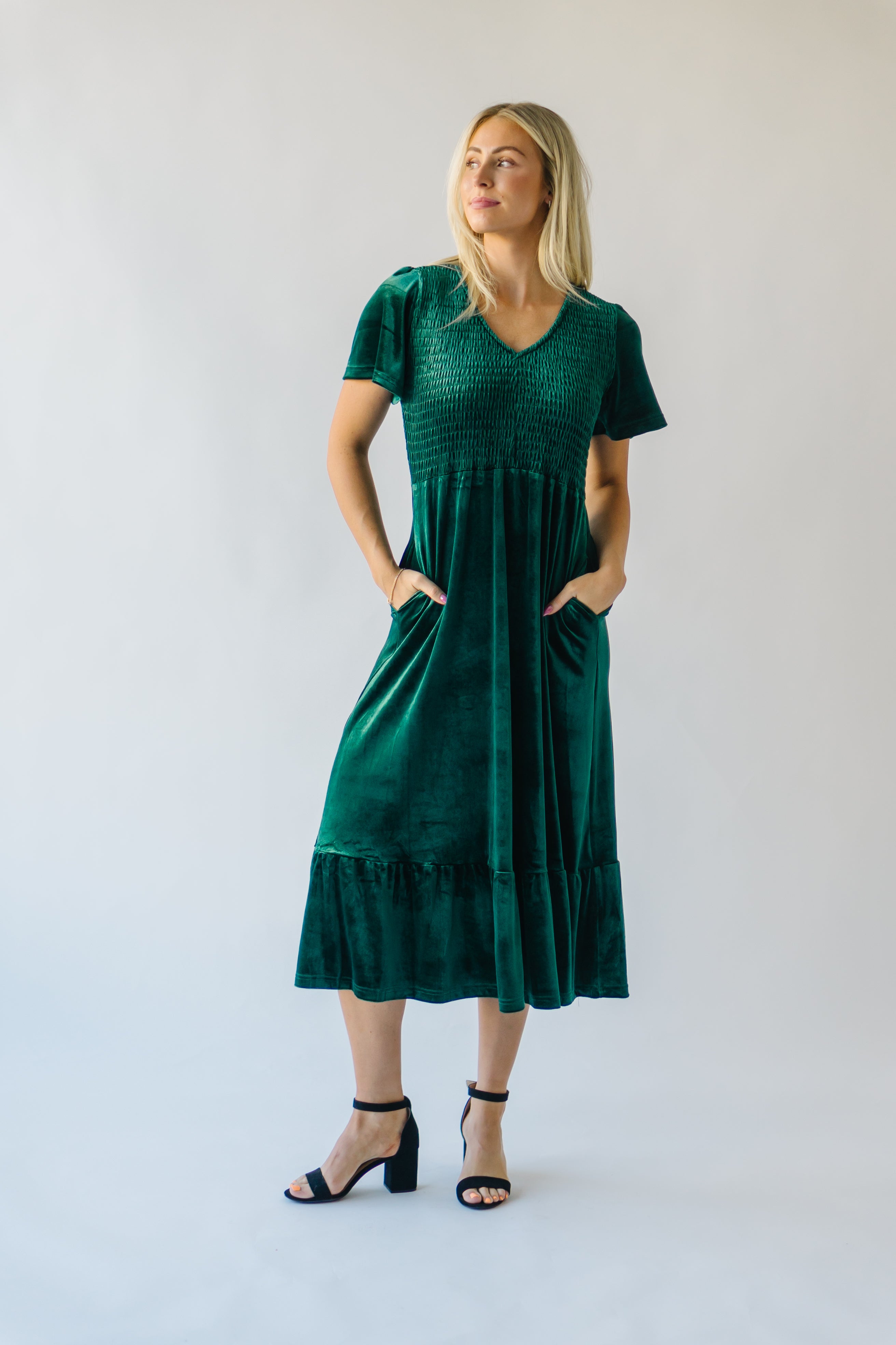 Noonan Velvet Midi Dress, Hunter Green