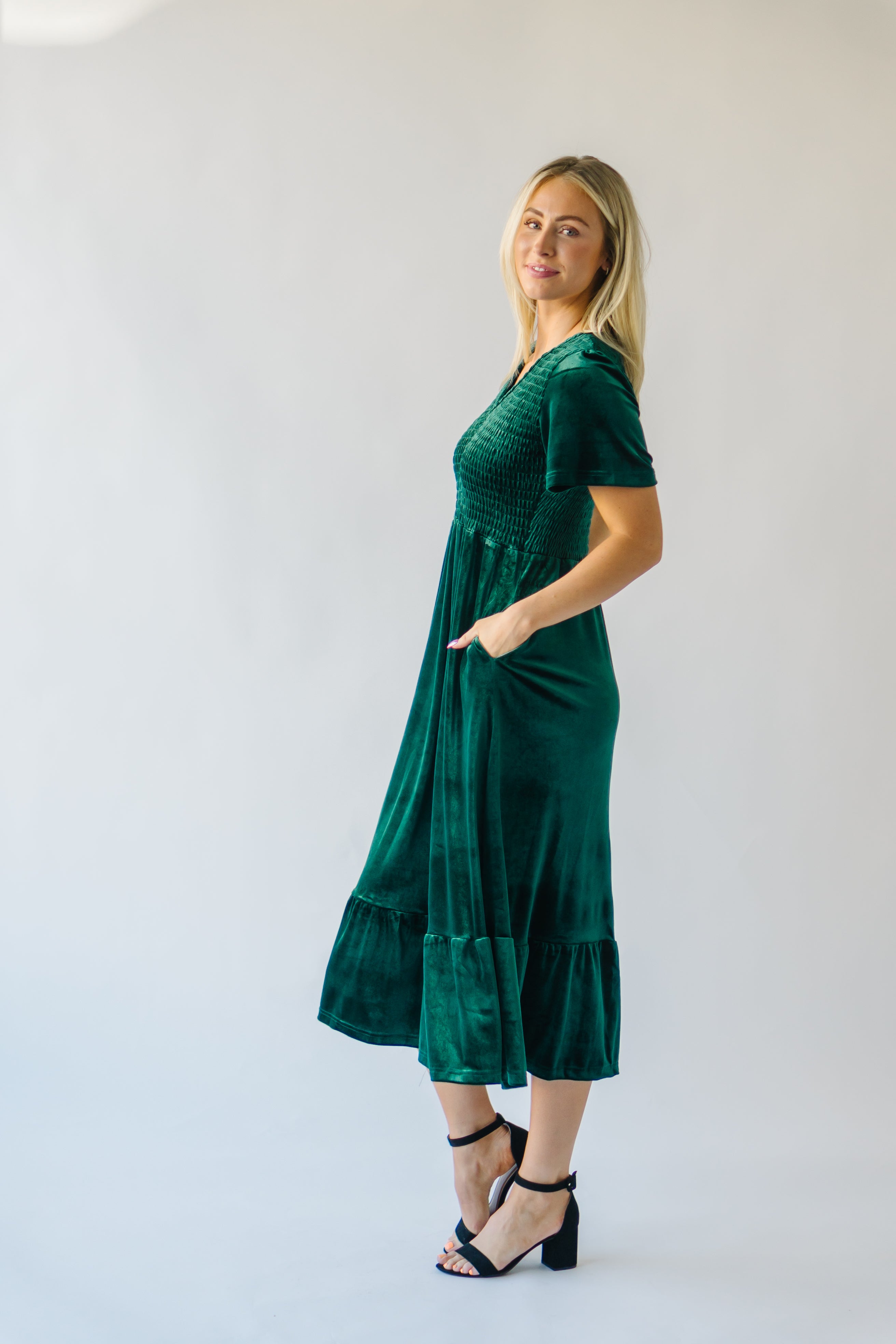 Noonan Velvet Midi Dress, Hunter Green