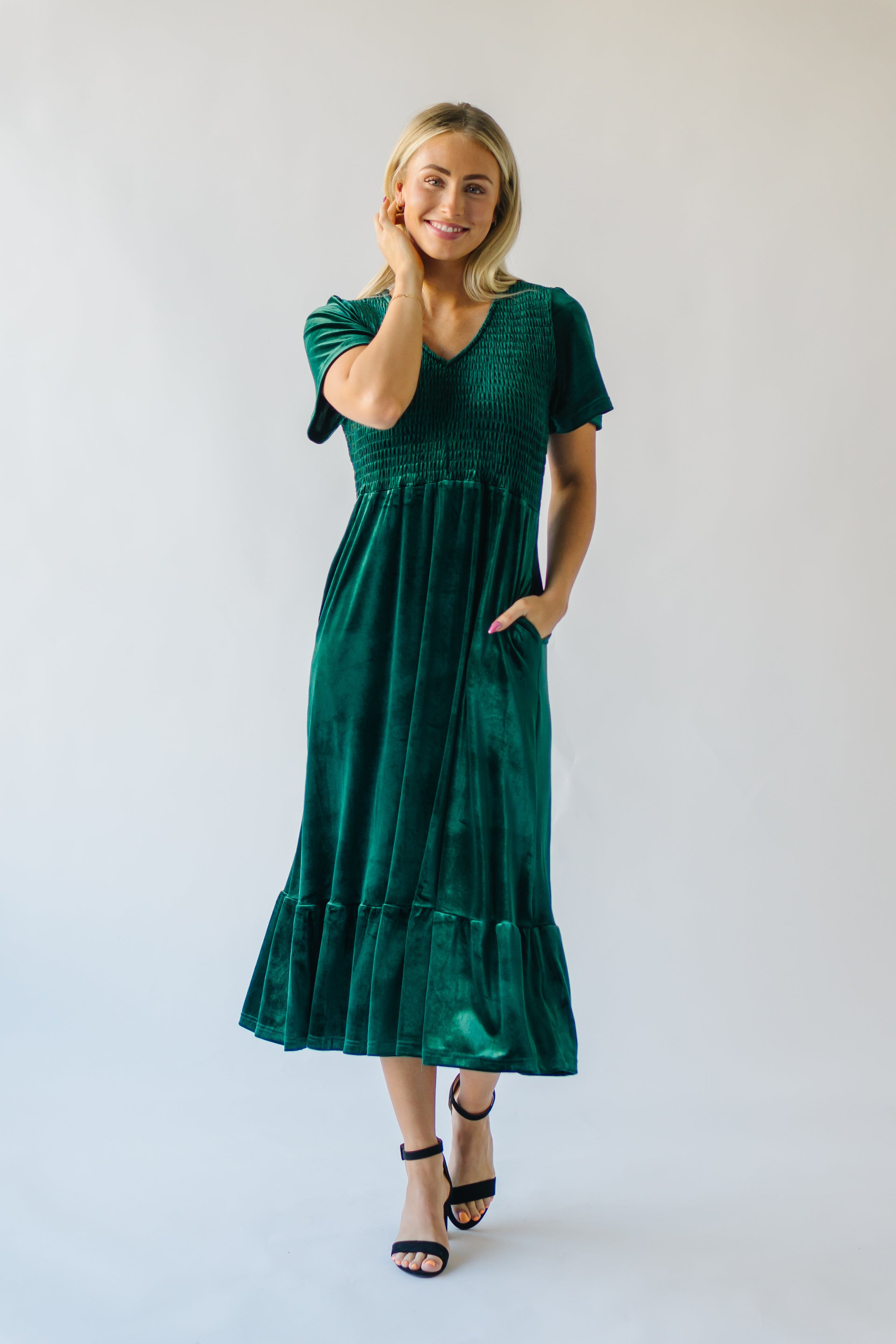 Noonan Velvet Midi Dress, Hunter Green