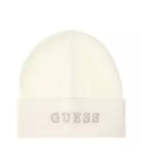 Off White GUESS Logo Beanie with Embroidery