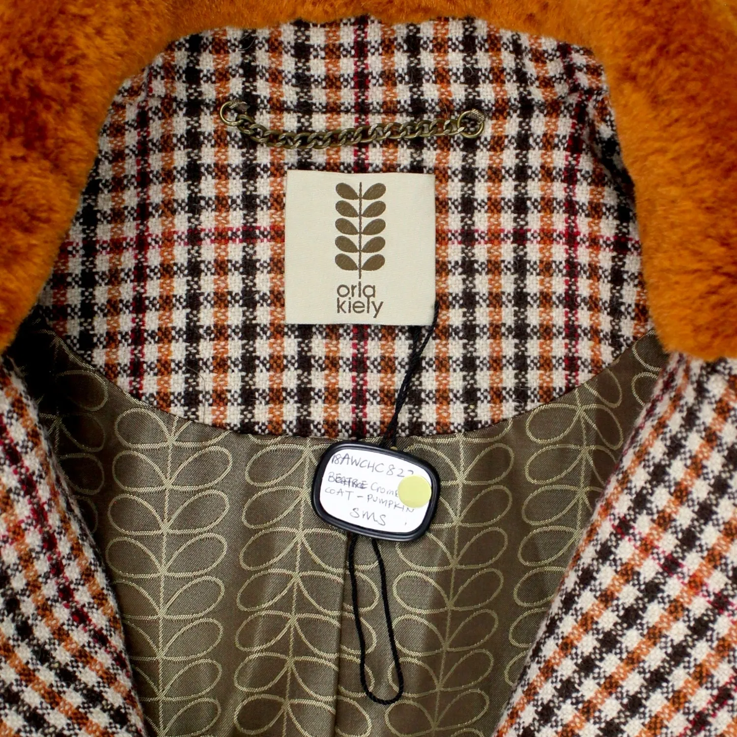 Orla Kiely Orange Cream Brown Check Coat