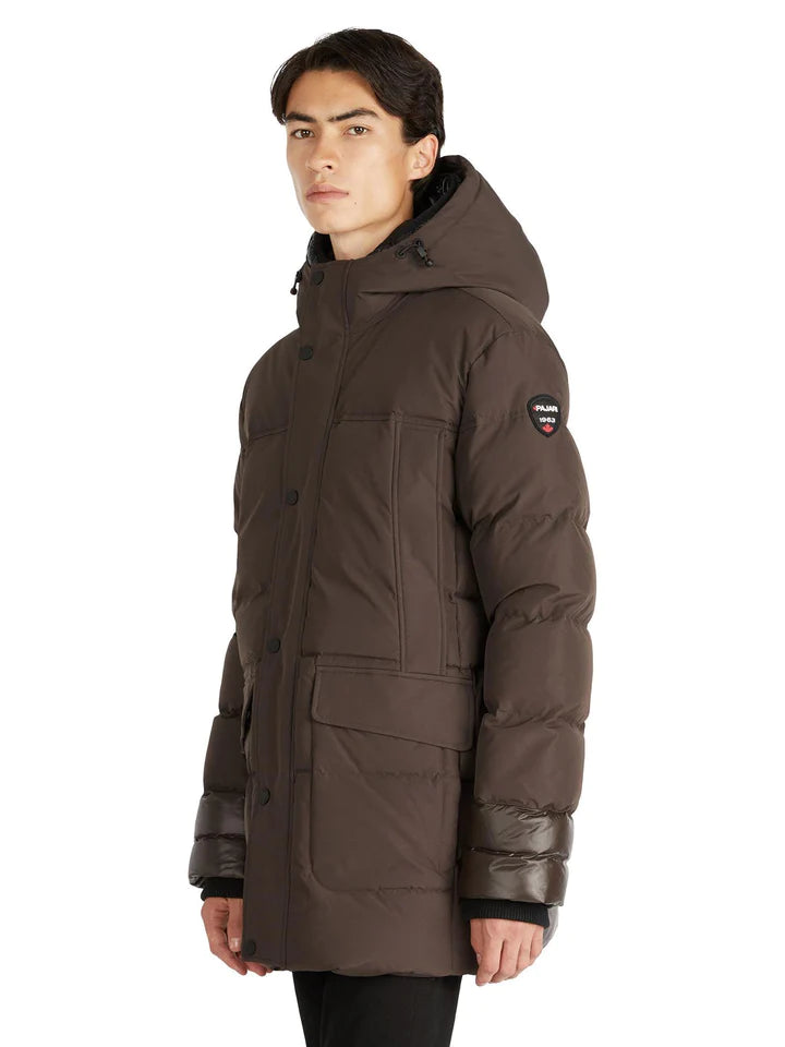 Pajar Men's Alcott Dark Oak Parka Jacket with Quilted Mixed-Media Design and Detachable Inner Hood