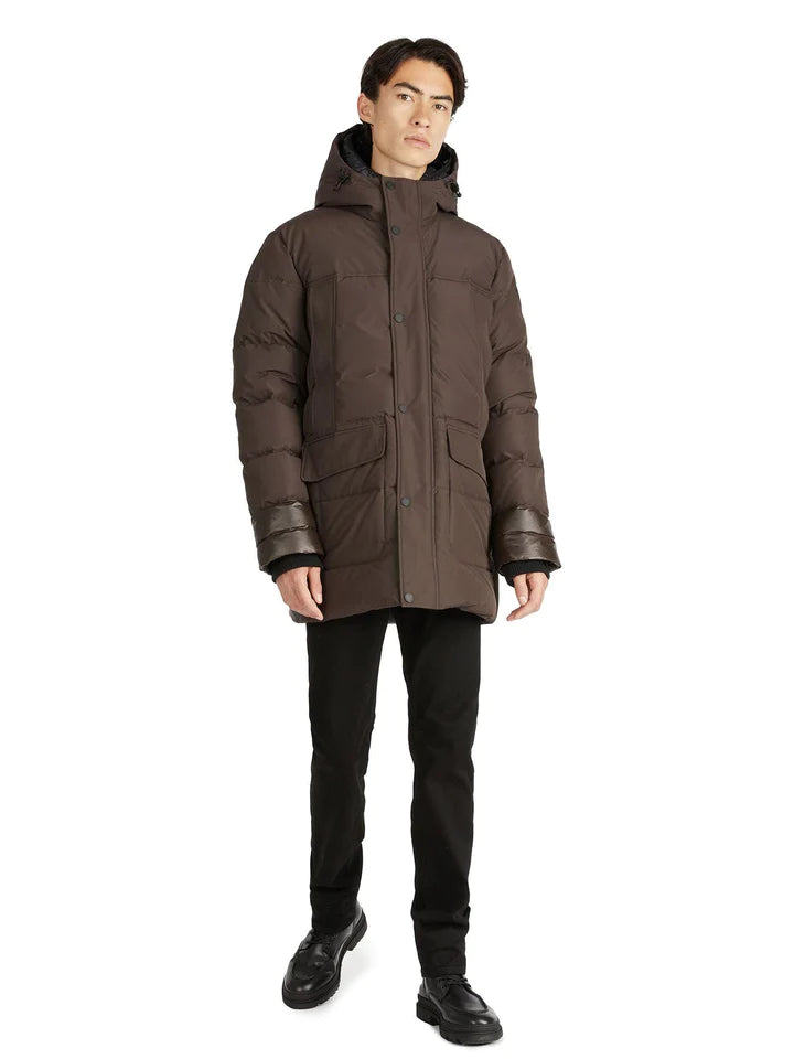 Pajar Men's Alcott Dark Oak Parka Jacket with Quilted Mixed-Media Design and Detachable Inner Hood