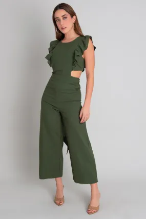 Culotte pants with cut-out ruffles and belt