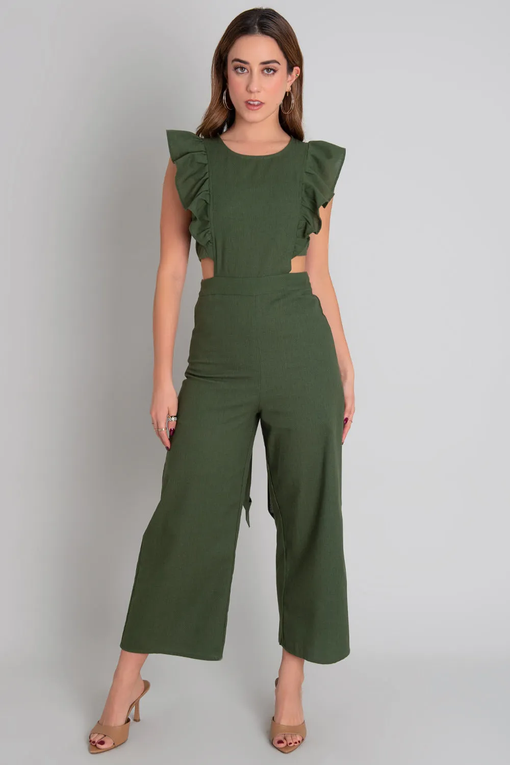 Culotte pants with cut-out ruffles and belt