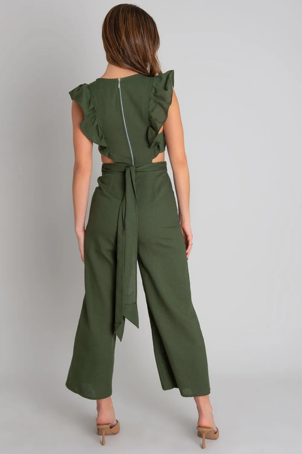 Culotte pants with cut-out ruffles and belt