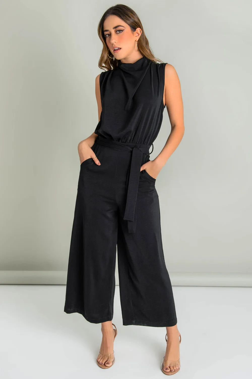 High Neck Pleated Culotte Palazzo with Belt