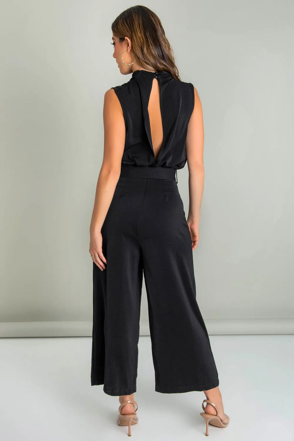 High Neck Pleated Culotte Palazzo with Belt