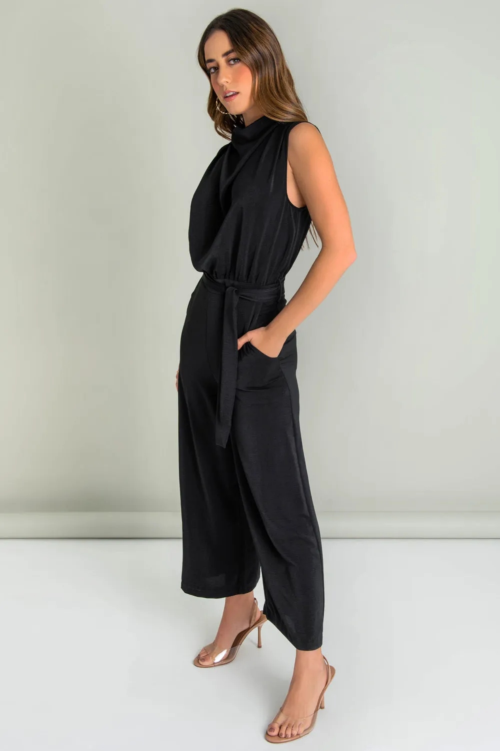 High Neck Pleated Culotte Palazzo with Belt