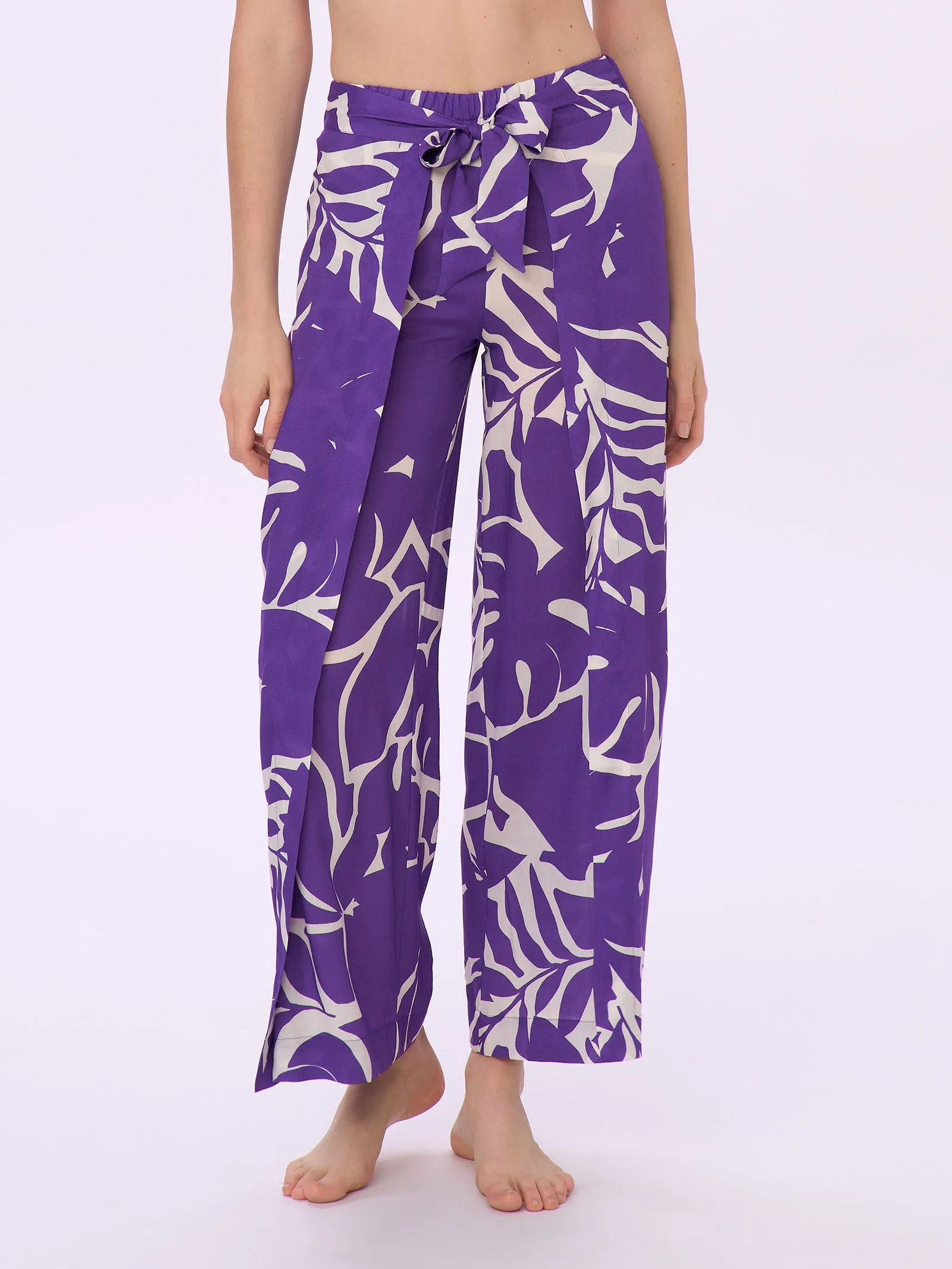 Cropped Pantalon with Bow in Viscose Summer - Prism Violet Print