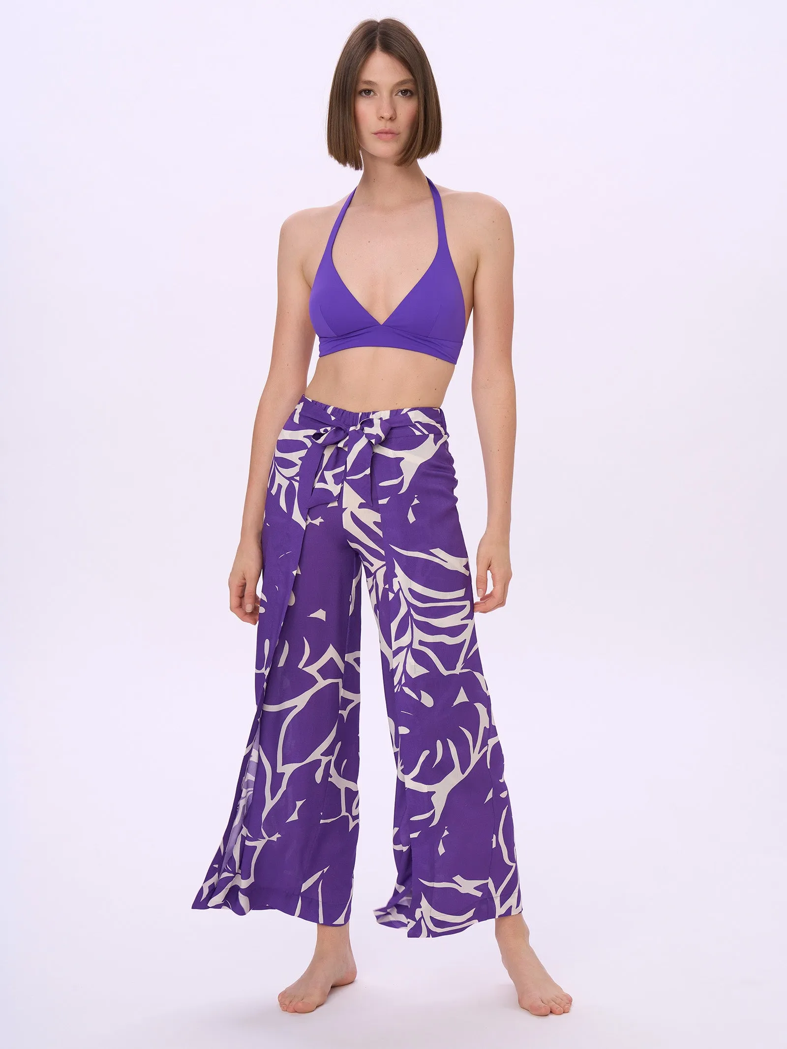 Cropped Pantalon with Bow in Viscose Summer - Prism Violet Print