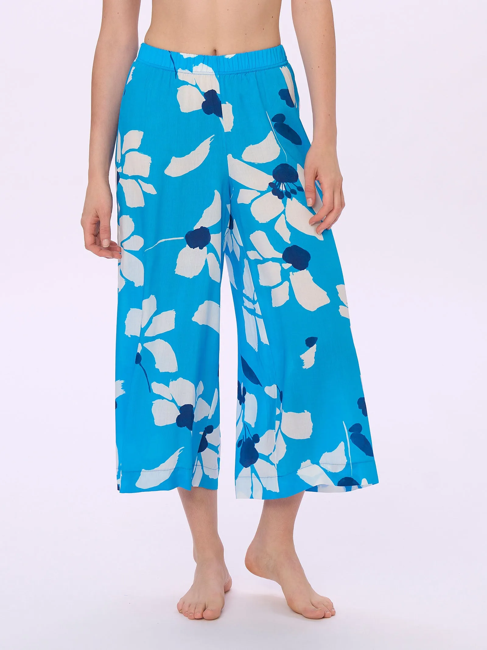 Cropped Viscose Summer Pantalon - Blue Danube Print