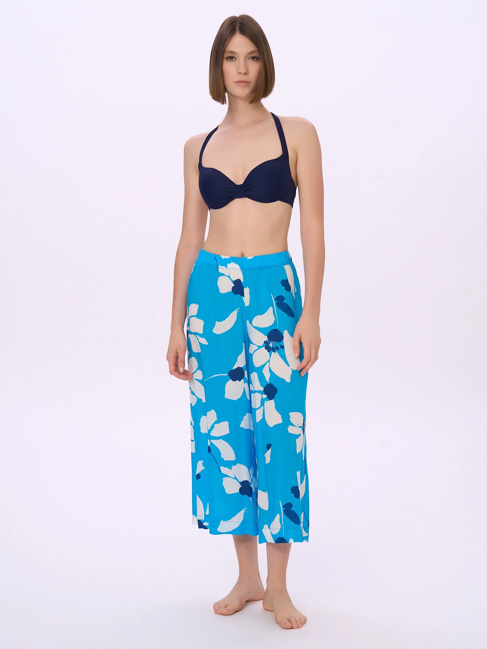 Cropped Viscose Summer Pantalon - Blue Danube Print