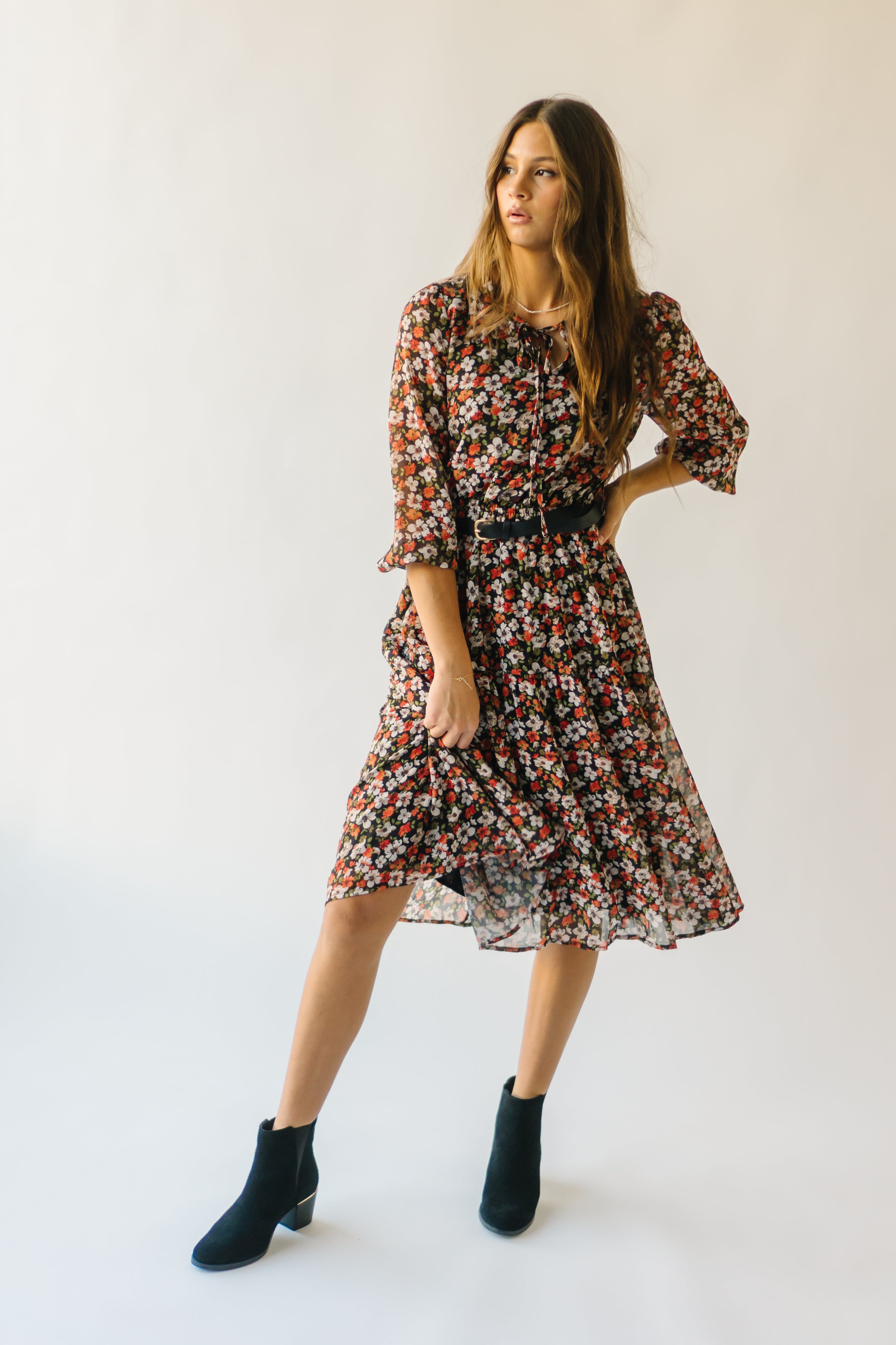 Paulson Belted Midi Dress in Black Multi