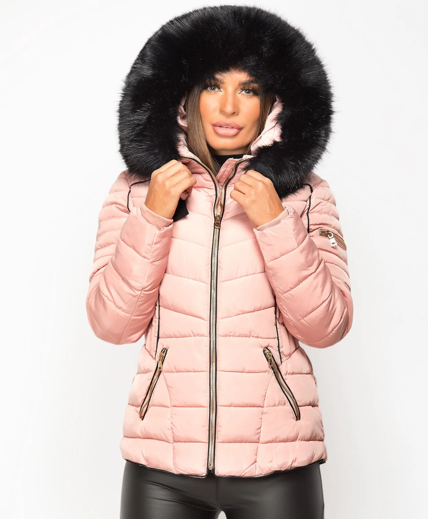 Pink Fur Hooded Piping Quilted Puffer Jacket for Women