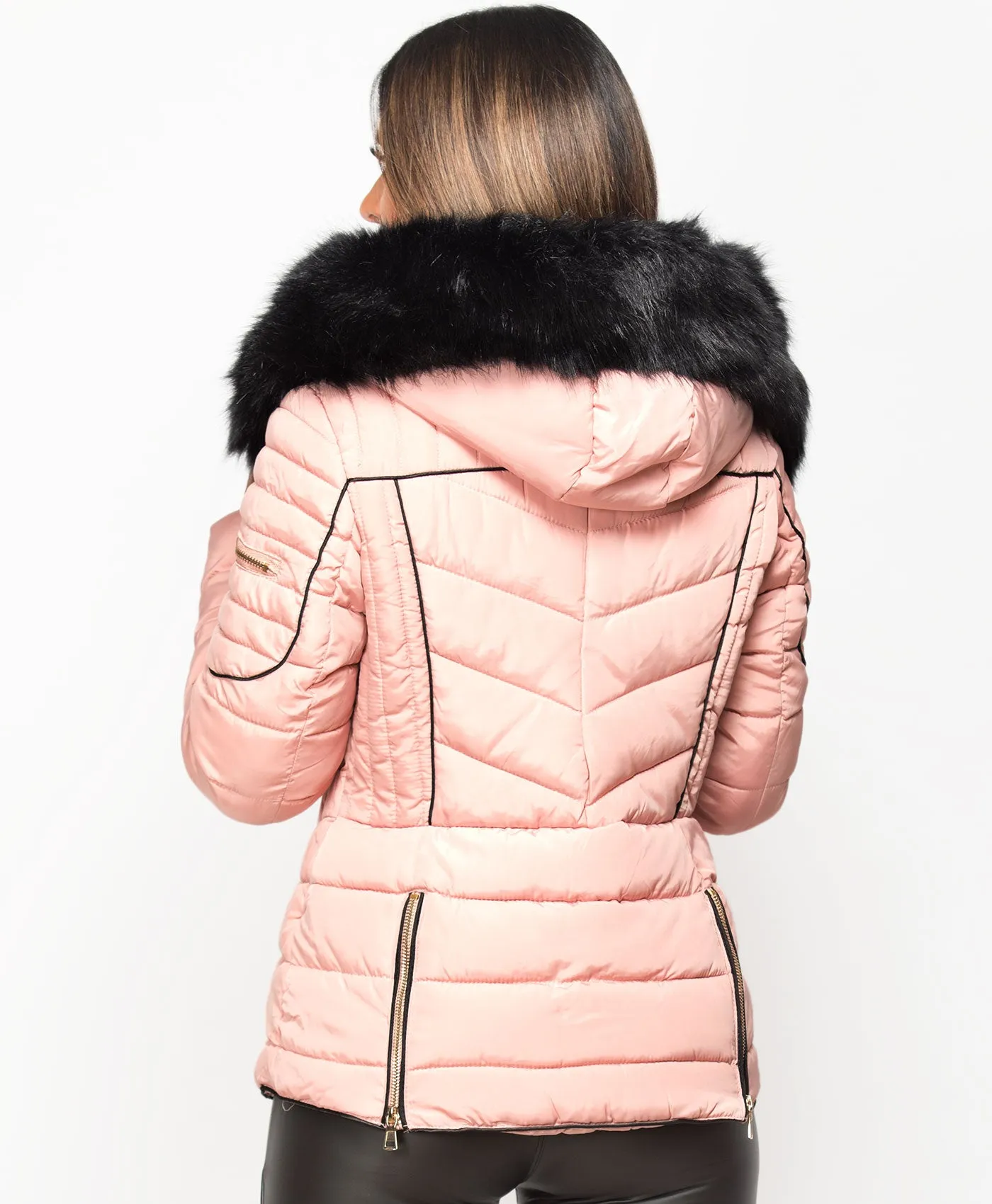 Pink Fur Hooded Piping Quilted Puffer Jacket for Women