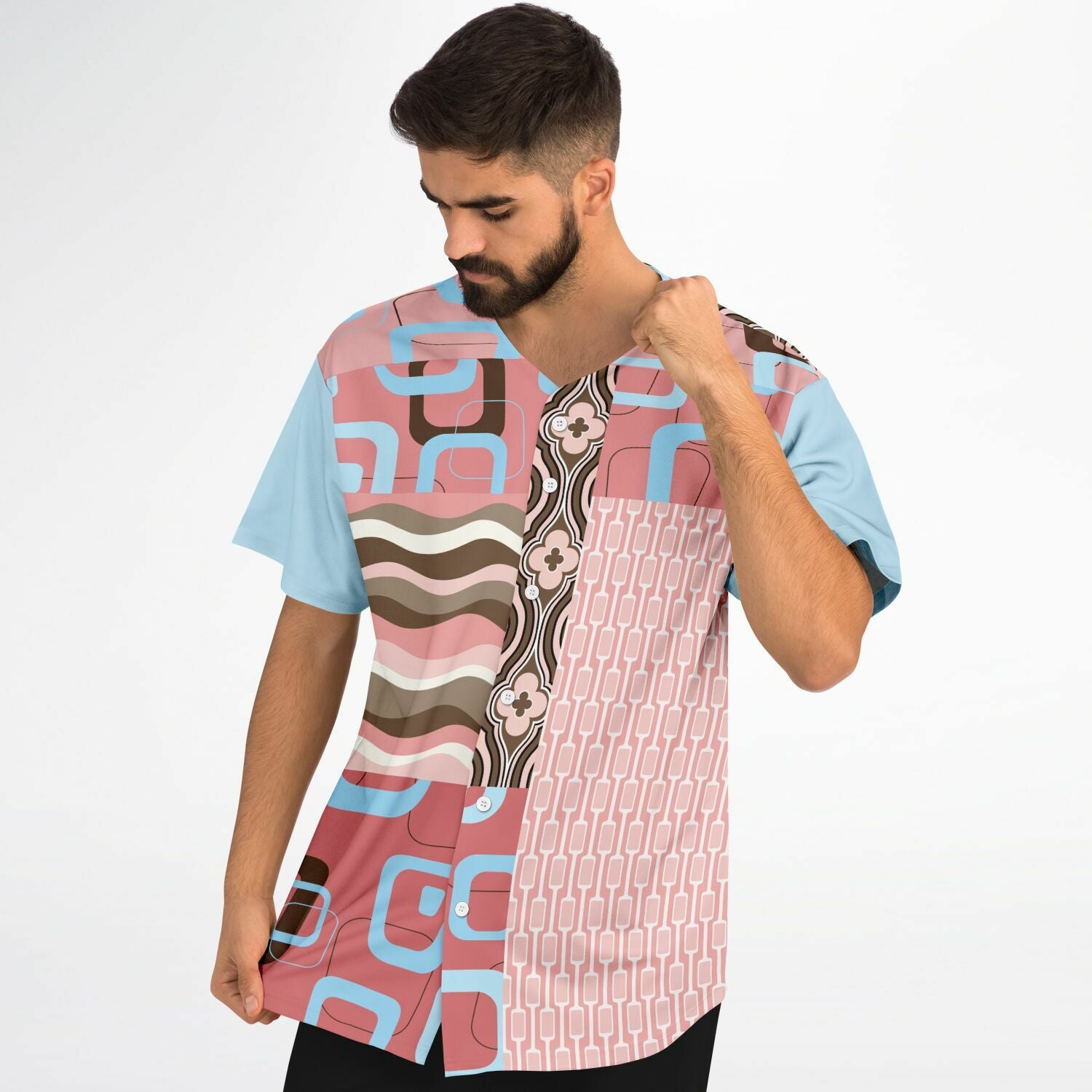 Pink Geometric Patchwork Button-Up Jersey