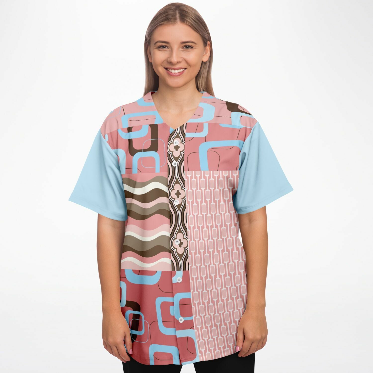 Pink Geometric Patchwork Button-Up Jersey