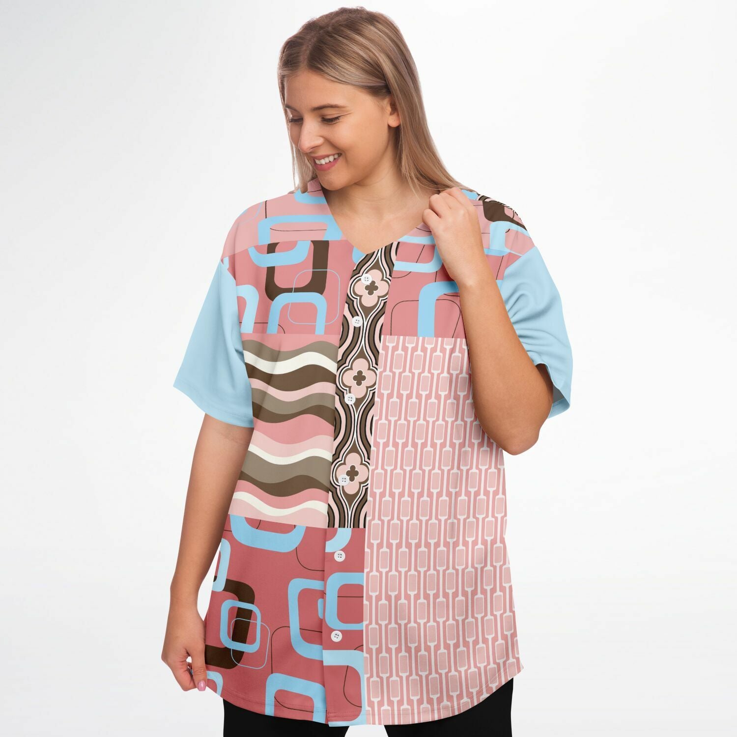 Pink Geometric Patchwork Button-Up Jersey