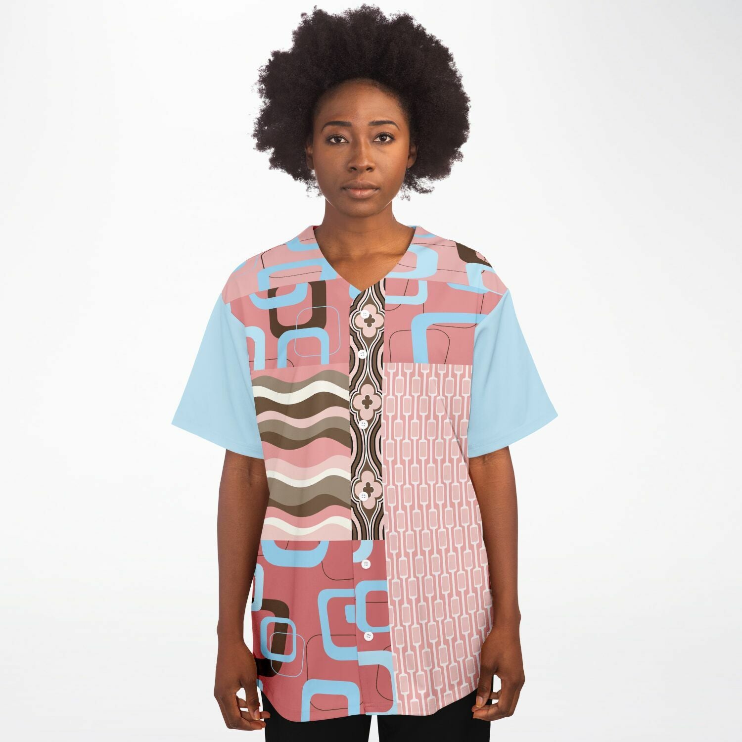 Pink Geometric Patchwork Button-Up Jersey