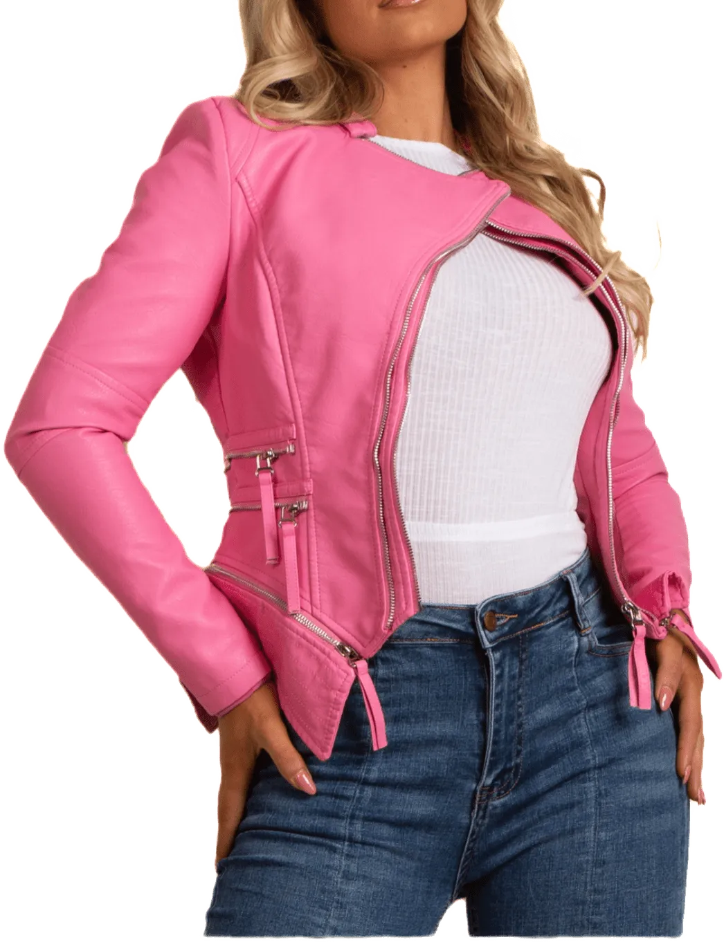 Pink Double Zip Biker PU Jacket