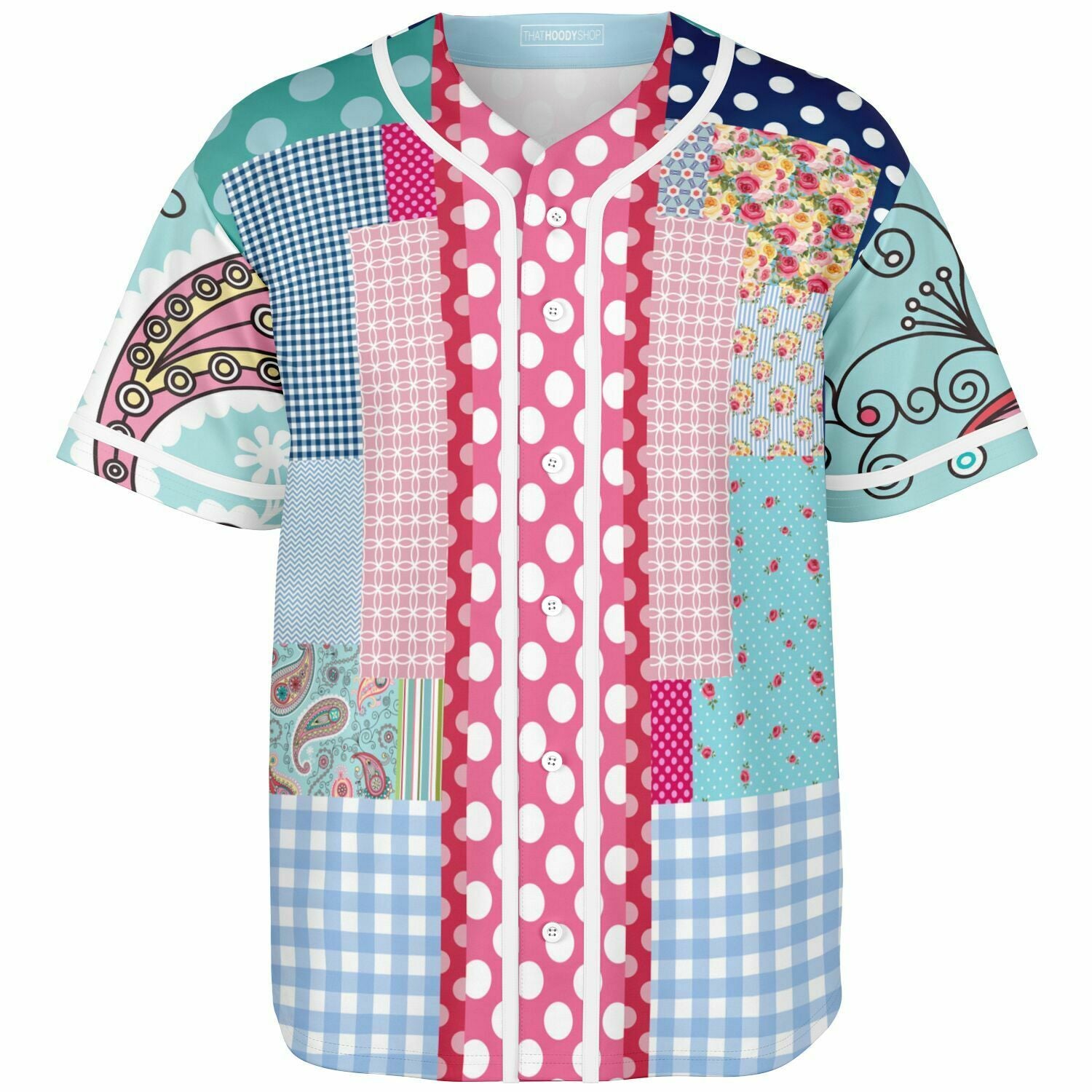 Pink Sherbert Floral Patchwork Plaid Button Front Jersey - Google SEO friendly result: Floral Patchwork Pink Shirt - Plaid Butto