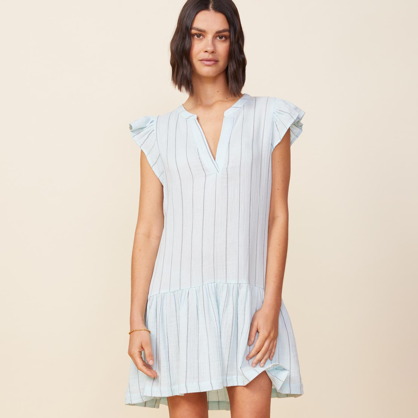 Pinstripe Gauze Ruffled Dress