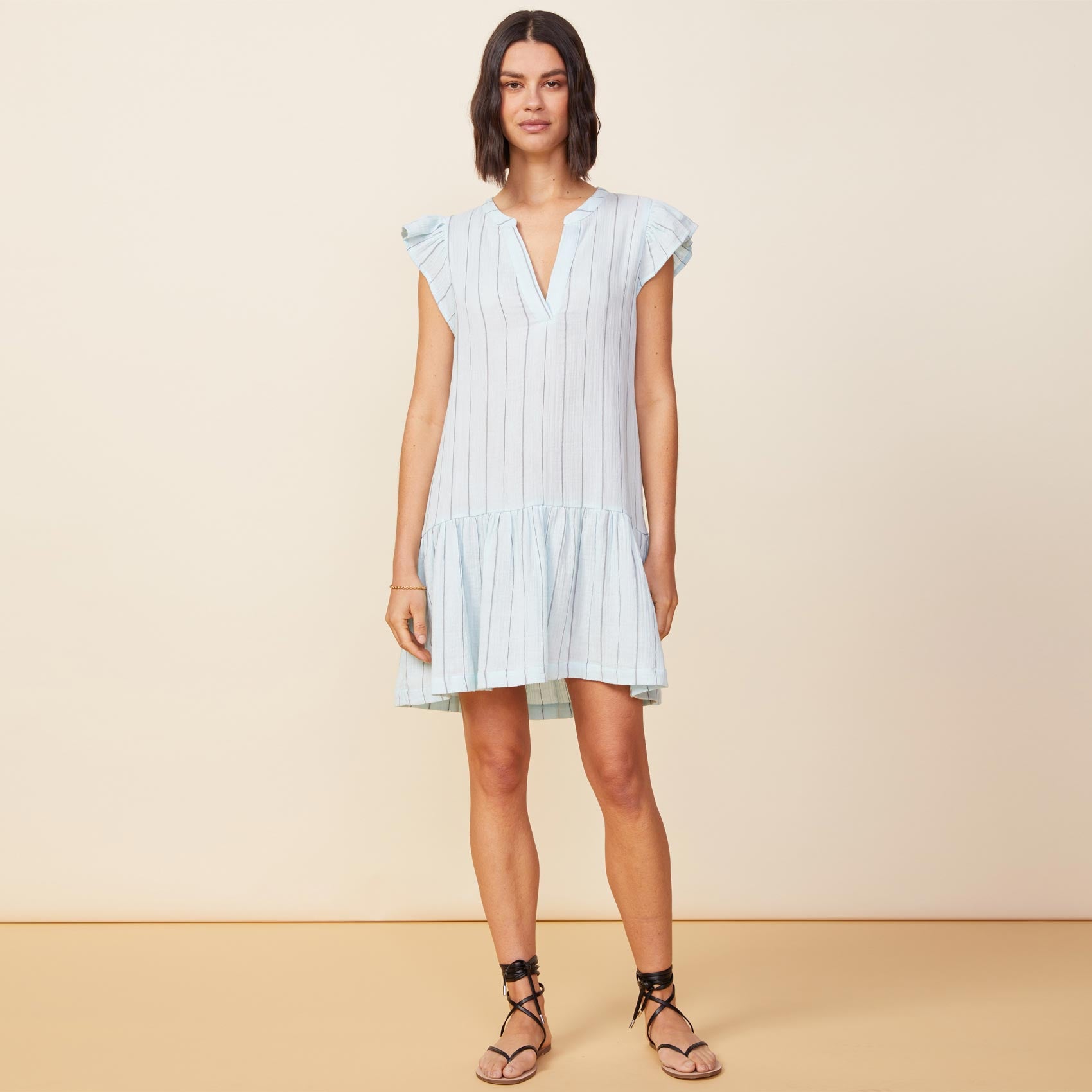 Pinstripe Gauze Ruffled Dress