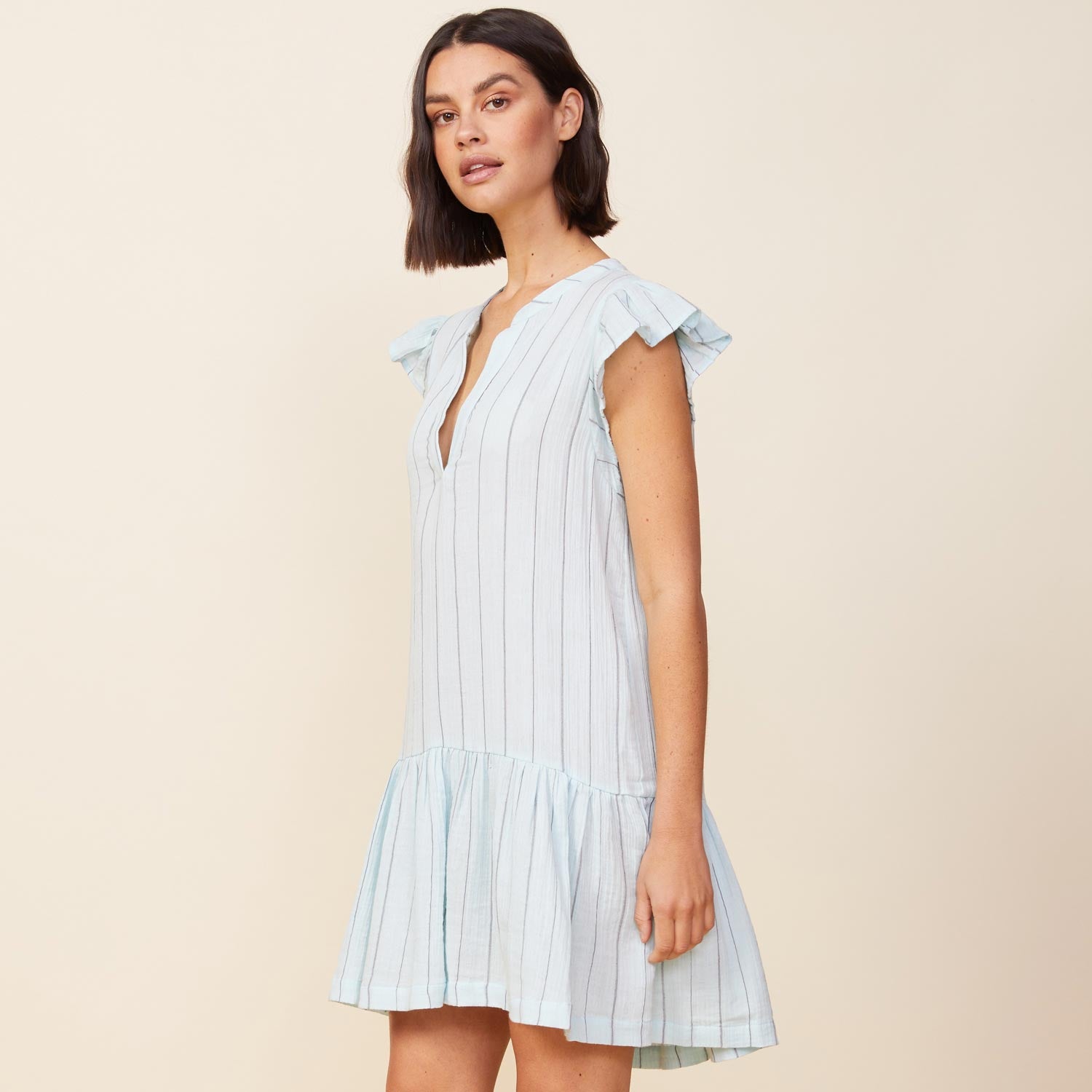 Pinstripe Gauze Ruffled Dress