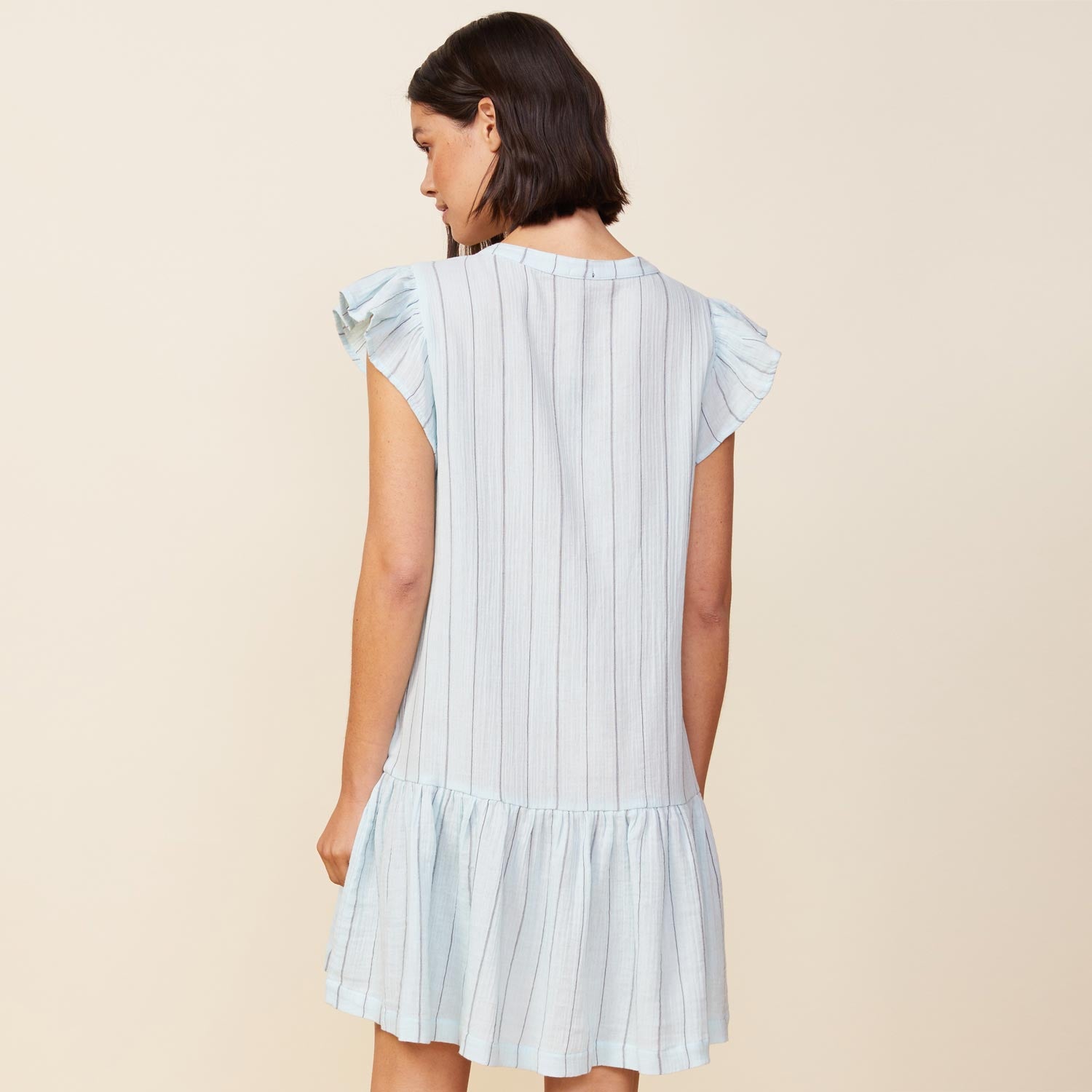 Pinstripe Gauze Ruffled Dress