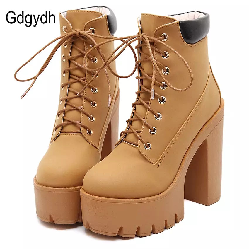 Platform Ankle Boots Women Thick Heel Lace Up Worker Boots