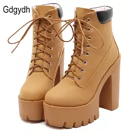 Platform Ankle Boots Women Thick Heel Lace Up Worker Boots