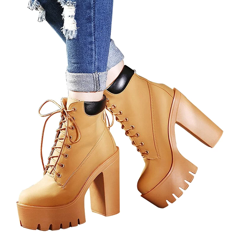 Platform Ankle Boots Women Thick Heel Lace Up Worker Boots