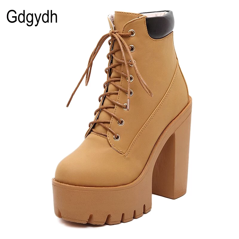 Platform Ankle Boots Women Thick Heel Lace Up Worker Boots