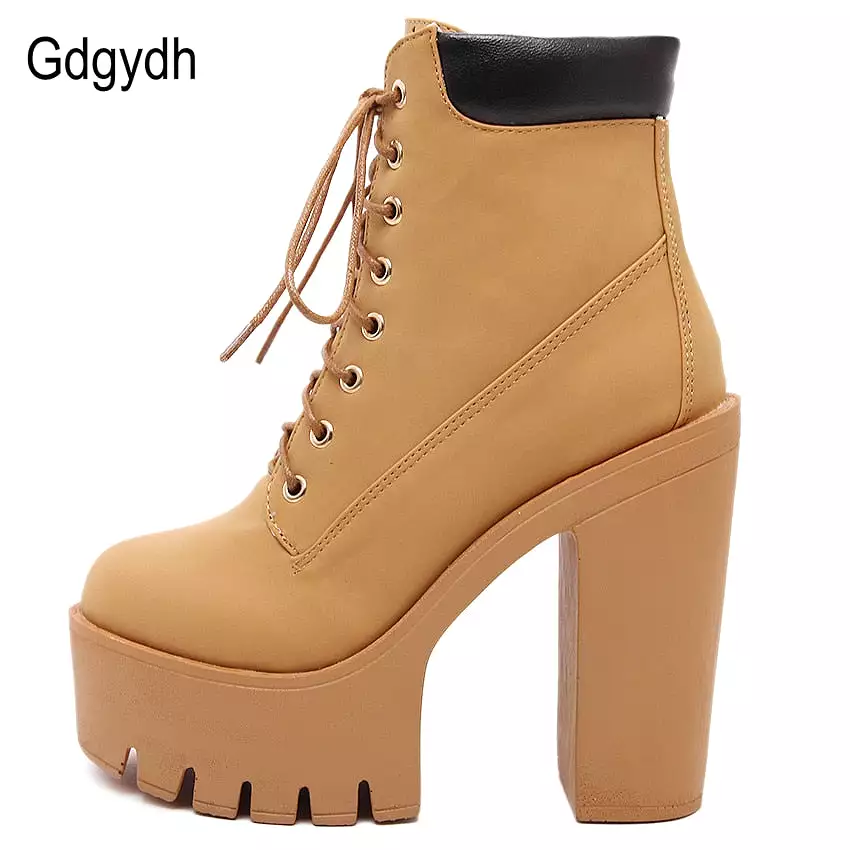 Platform Ankle Boots Women Thick Heel Lace Up Worker Boots