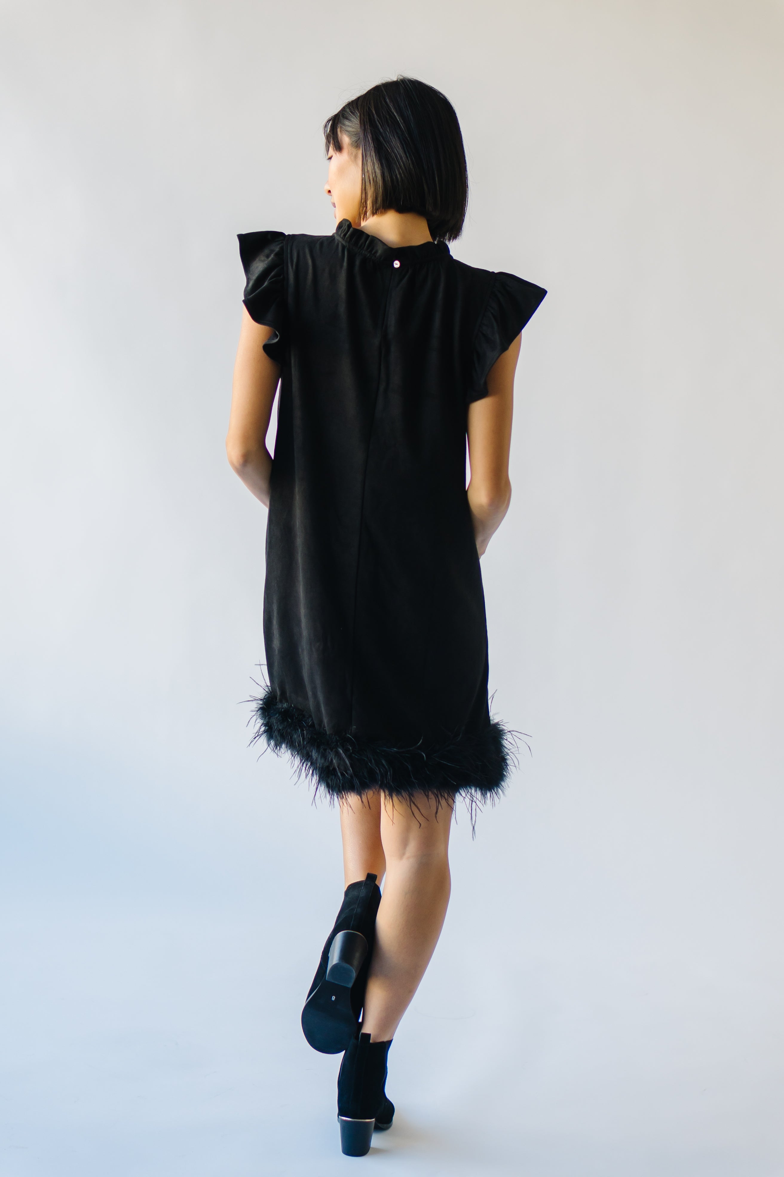 Pressler Fur Detailed Black Suede Dress