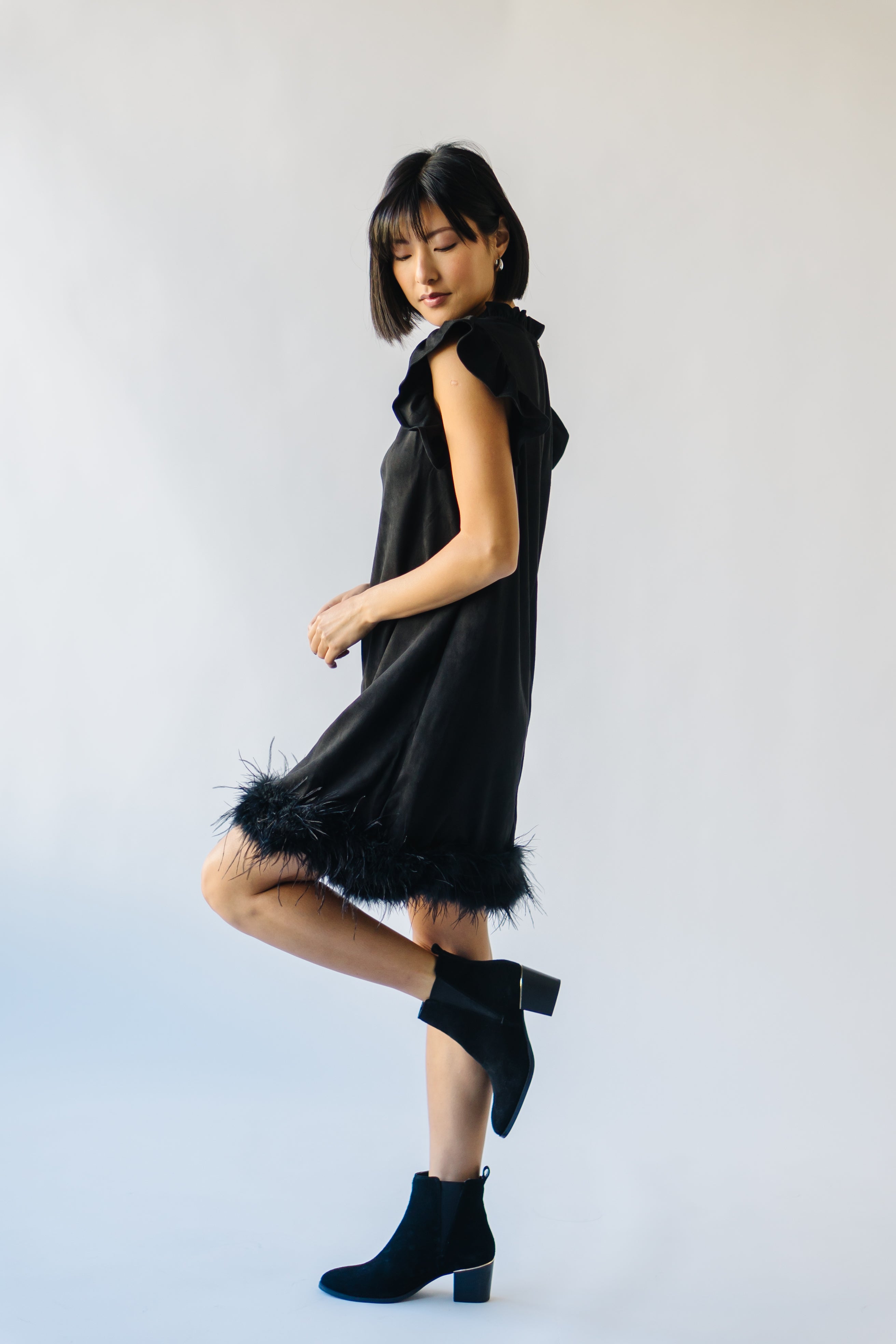 Pressler Fur Detailed Black Suede Dress