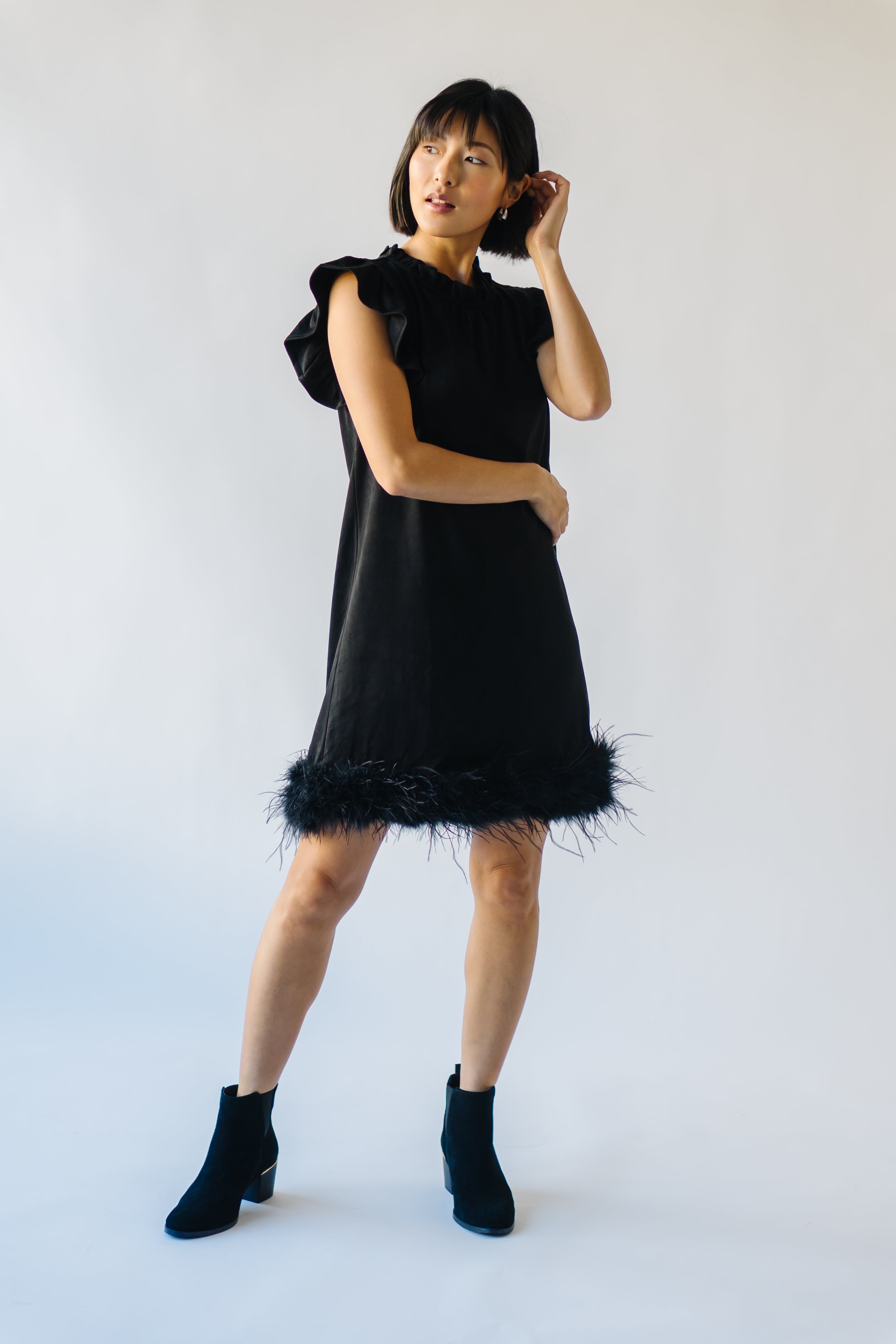 Pressler Fur Detailed Black Suede Dress