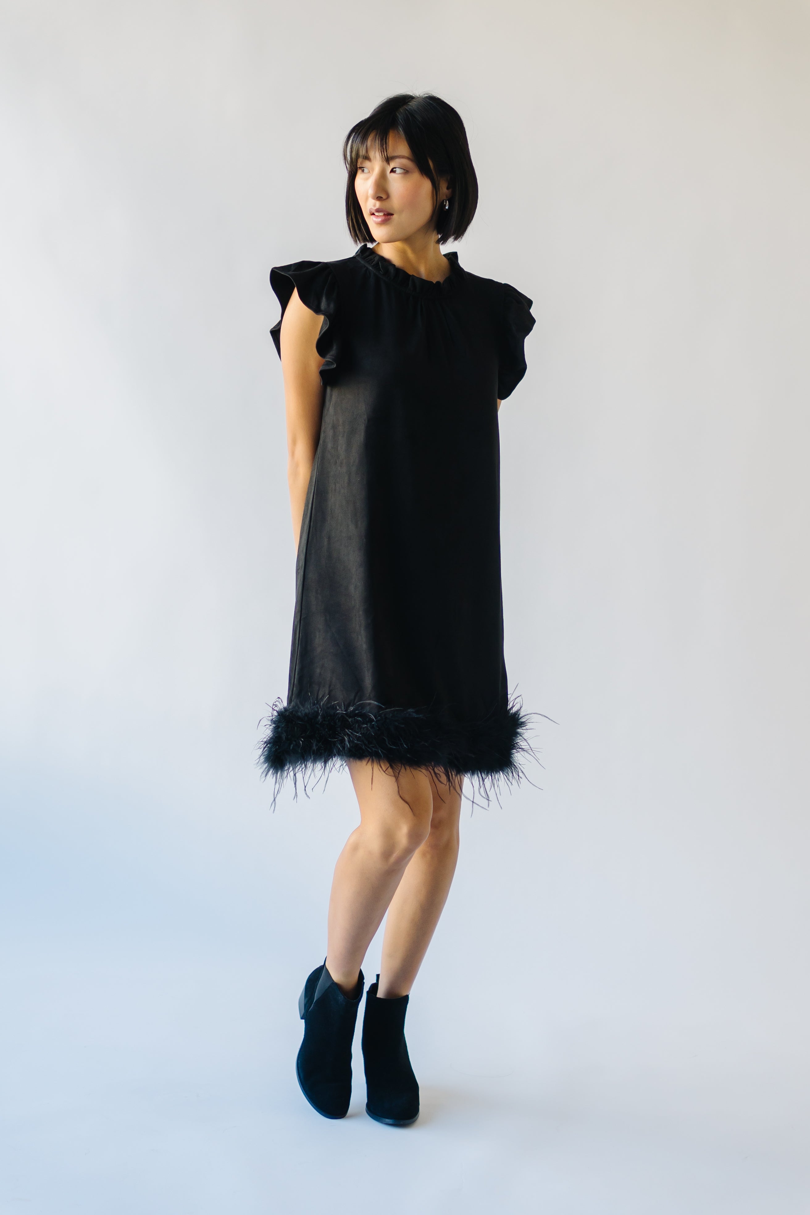 Pressler Fur Detailed Black Suede Dress